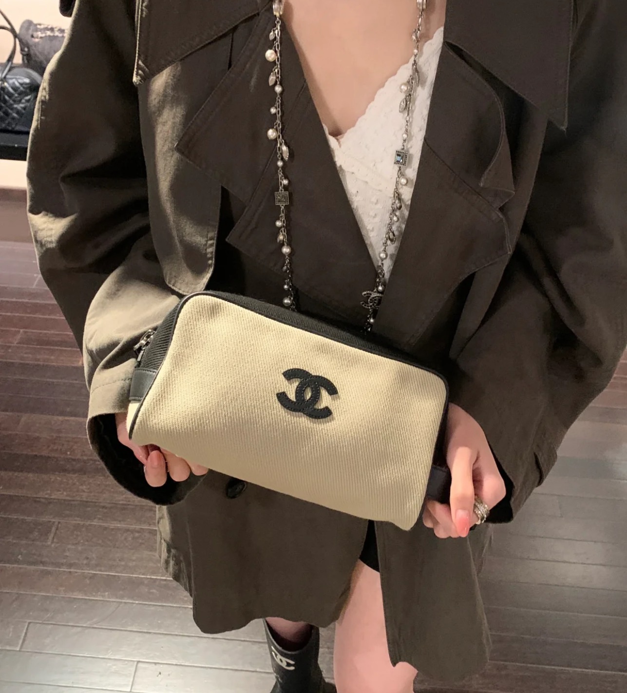 [Chanel] 샤넬 26M Coco Beach 코코 비치 캔버스 코스메틱 파우치 백 가방