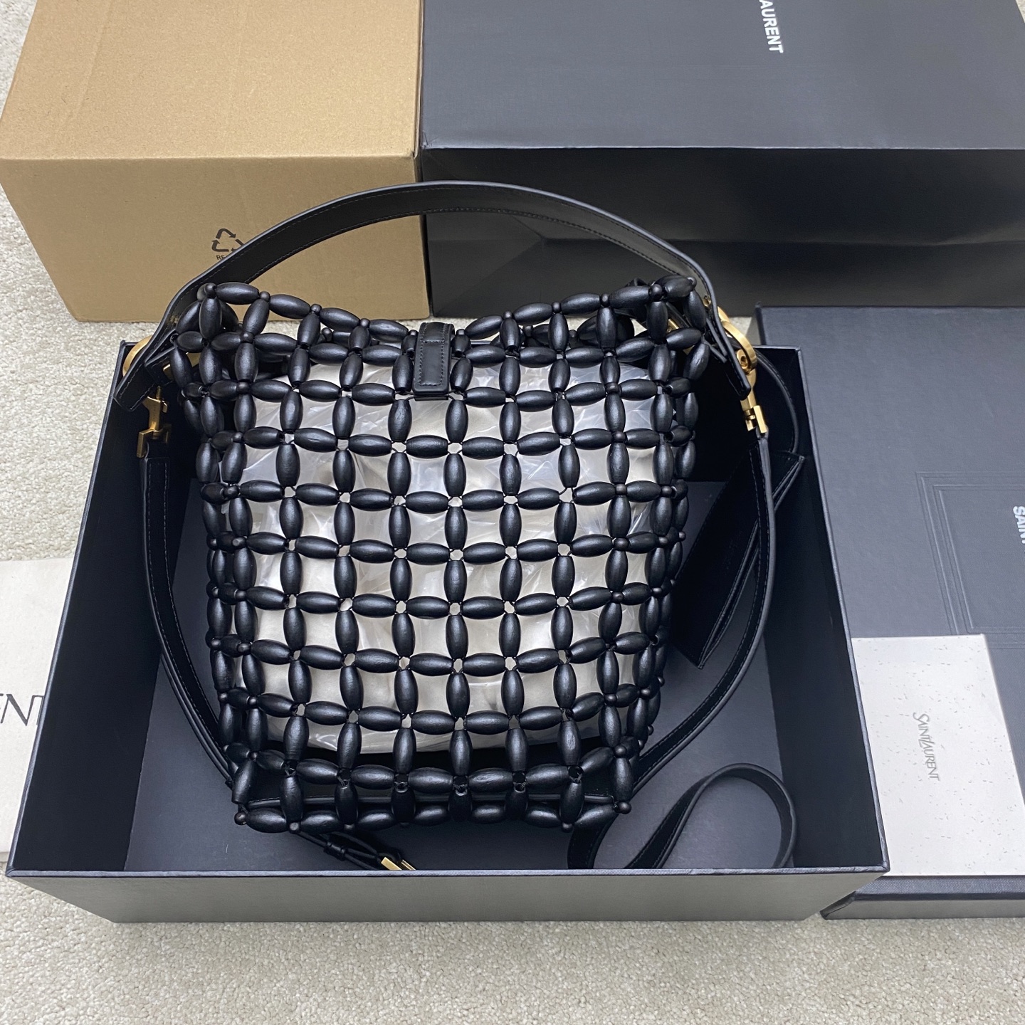 Saint Laurent YSL 생로랑 우드 비즈 위브 버킷백 가방 / 749036