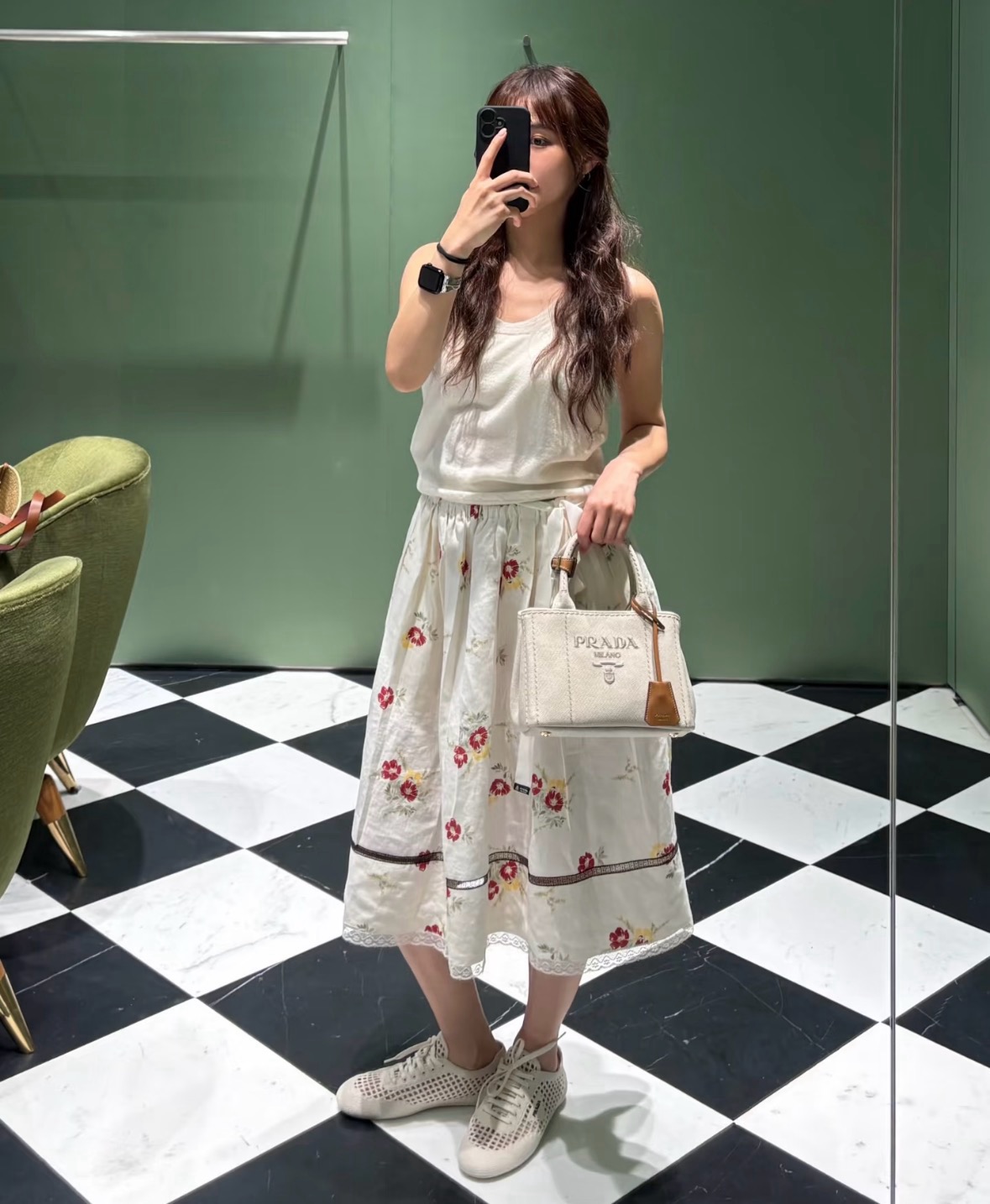 PRADA 프라다 26SS 플로럴 리넨 미디 스커트 치마 의류