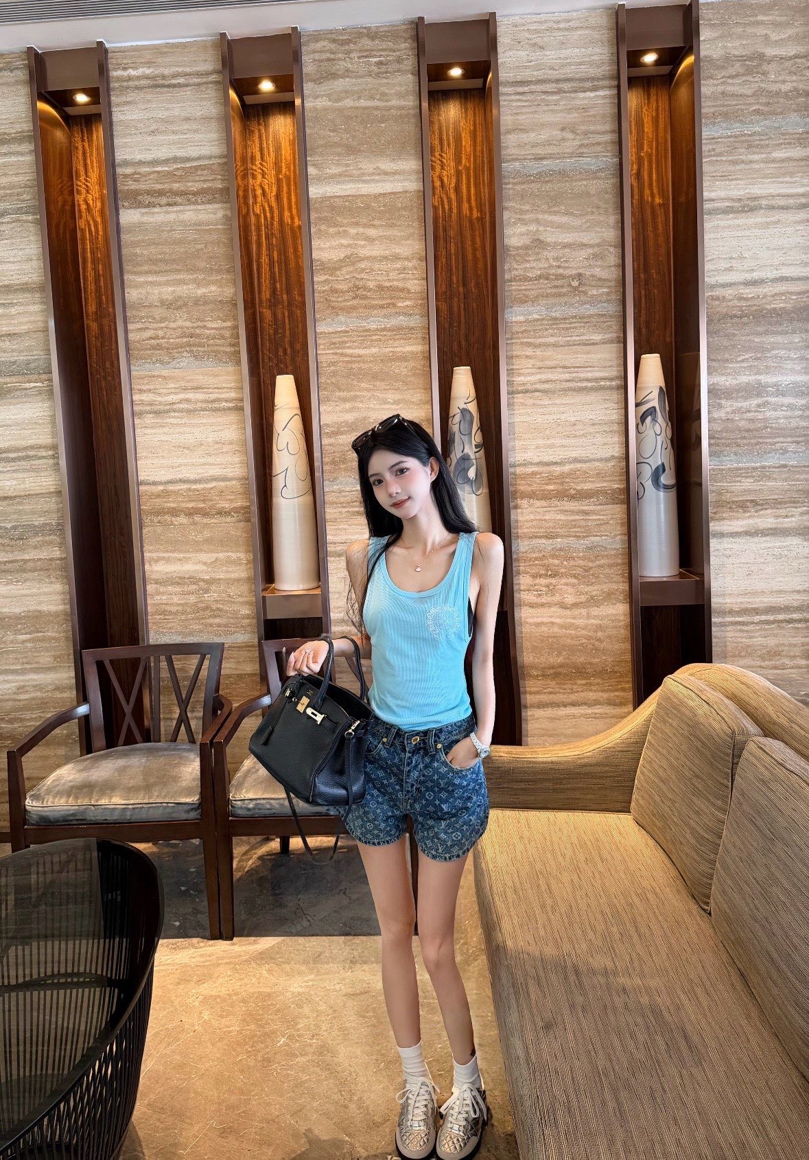 LV 루이비통 로고 자카드 데님 쇼츠 숏 팬츠 바지 의류
