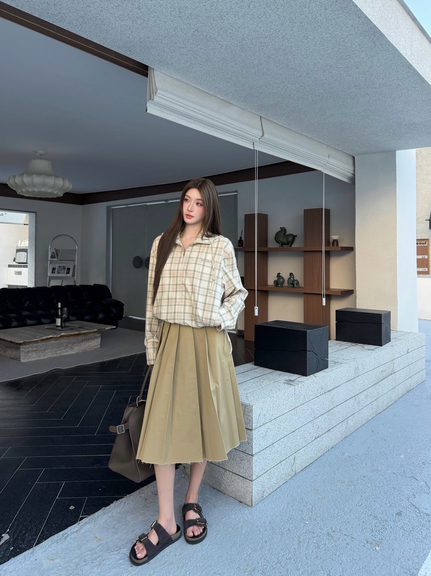 아크네(Acne studios) 로고 자수 체크 후드 재킷 상의 의류