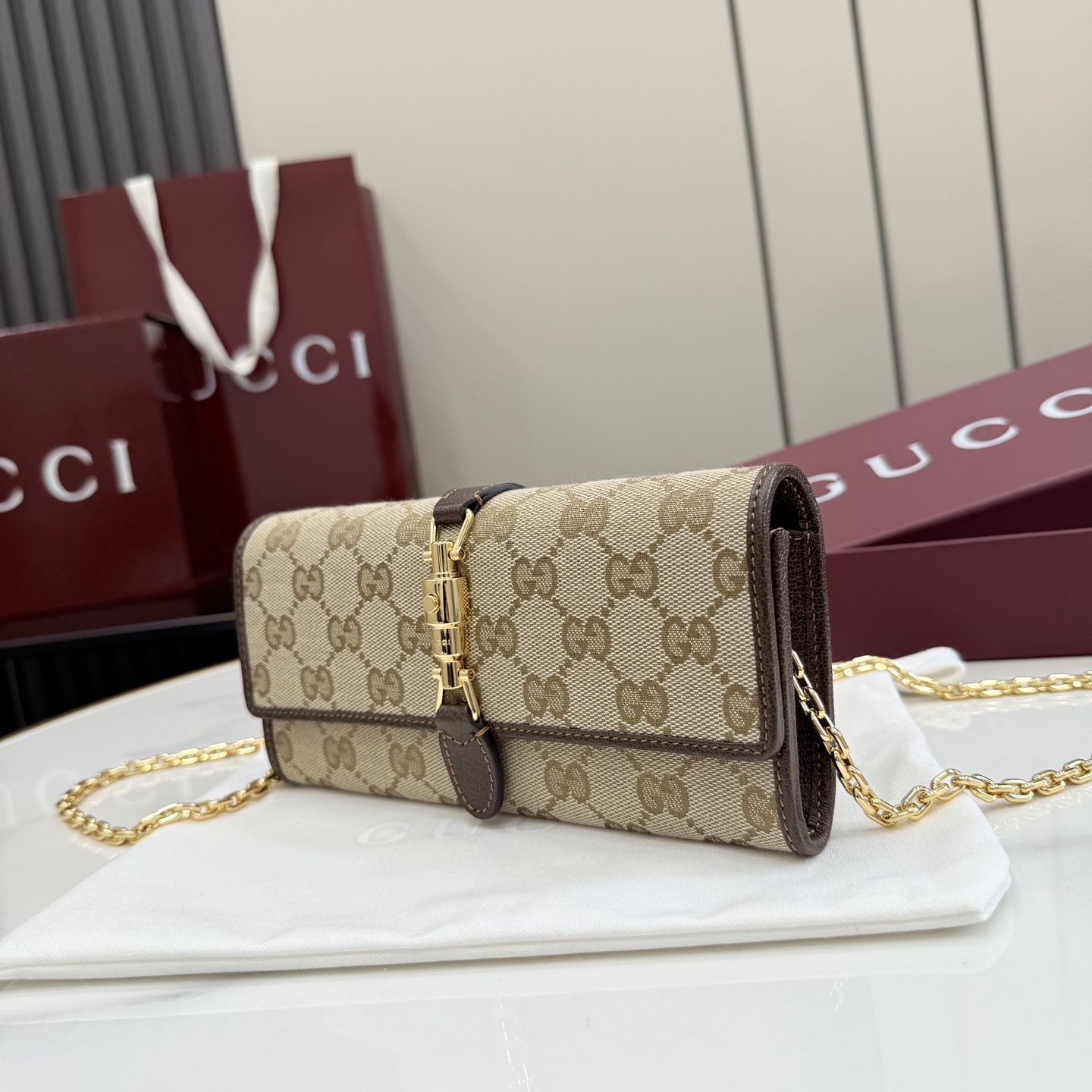 [Gucci] 구찌 26SS Jackie 재키 1961 GG 캔버스 체인 월렛 (WOC) 지갑
