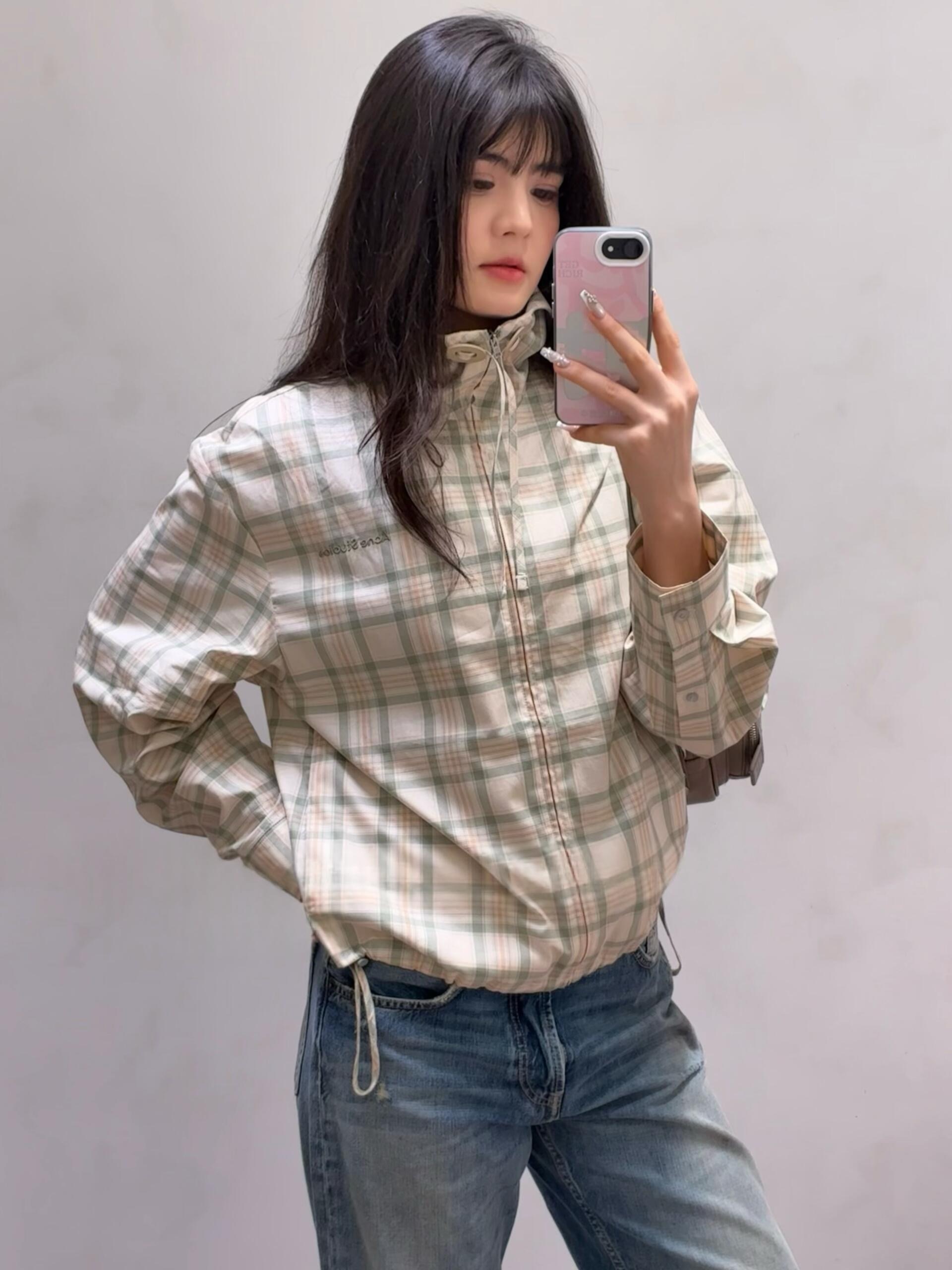 아크네(Acne studios) 로고 자수 체크 후드 재킷 상의 의류