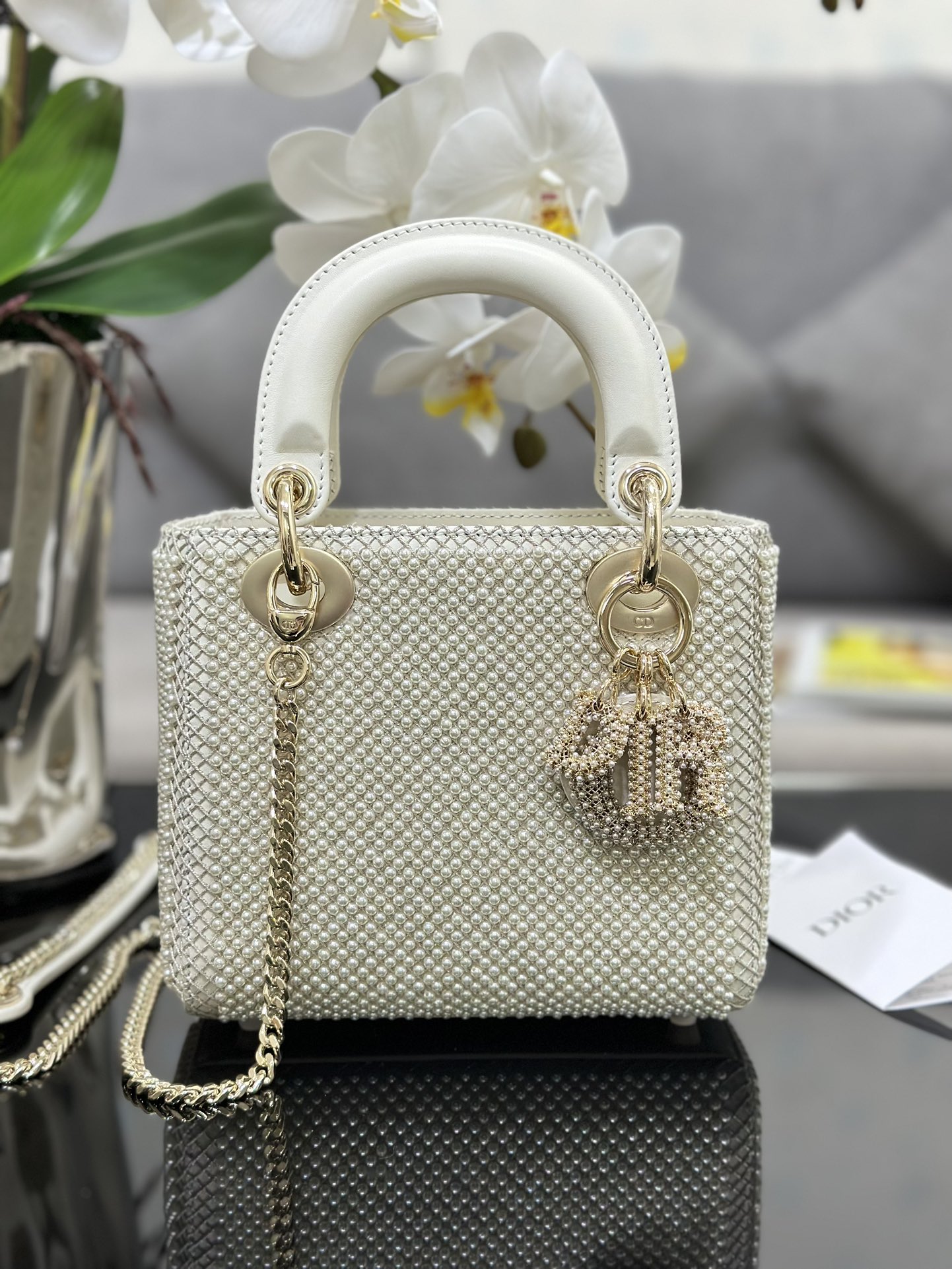 [Lady Dior] 디올 레이디 디올 미니 3구 자수 진주 백 (밀크 화이트) 가방