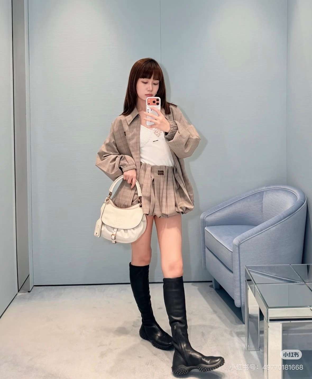 미우미우(MIU MIU) 체크 드로스트링 집업 재킷 상의 의류