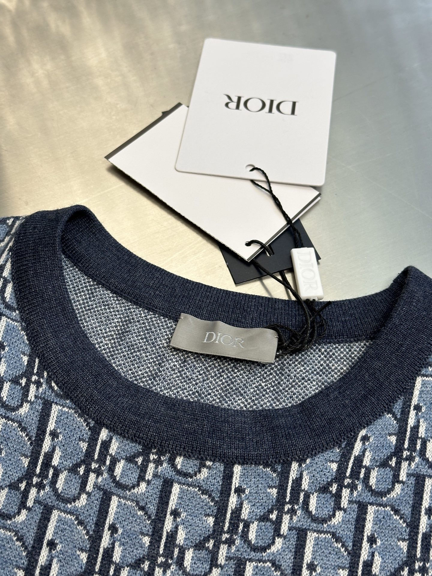 디올(DIOR) 블루 자카드 니트 반팔 티셔츠 의류