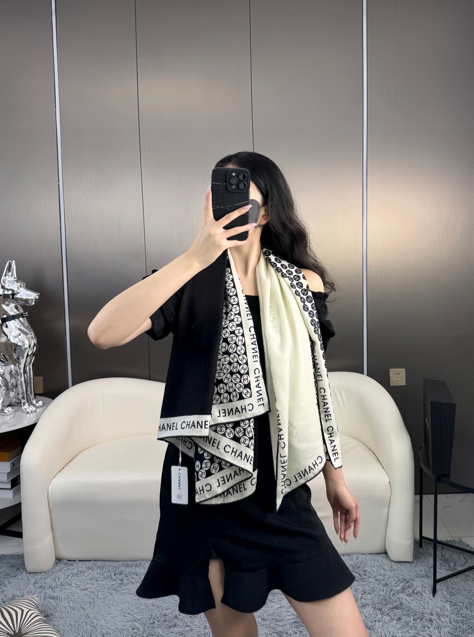 샤넬(CHANEL) 버블 로고 캐시미어 실크 목도리 스카프
