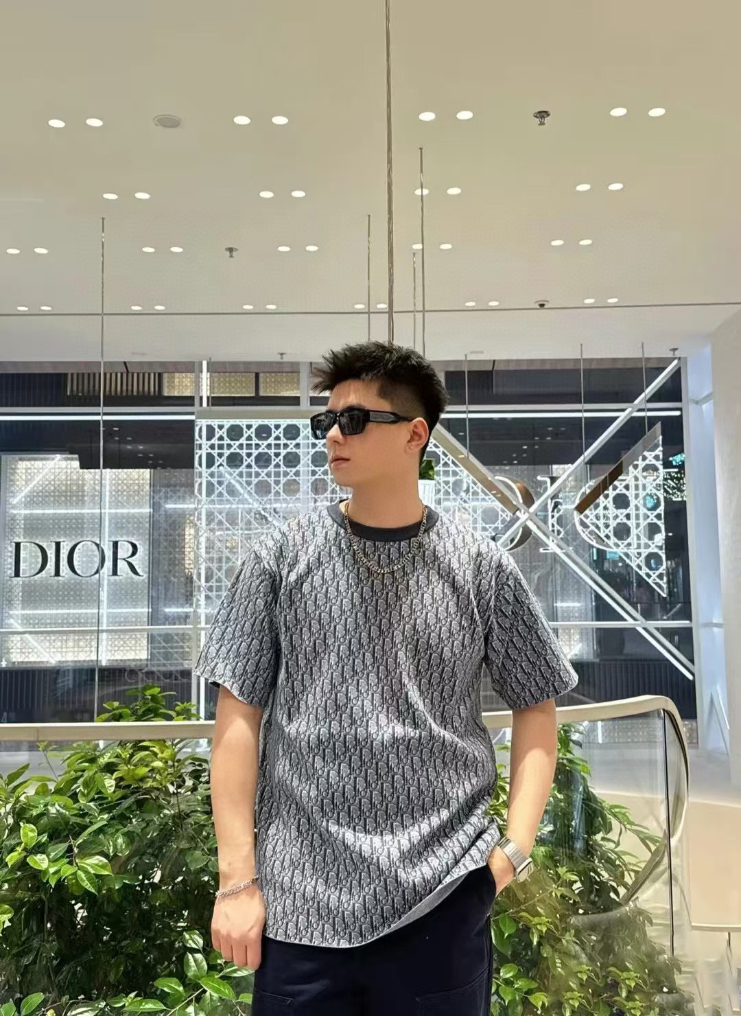 디올(DIOR) 블루 자카드 니트 반팔 티셔츠 의류