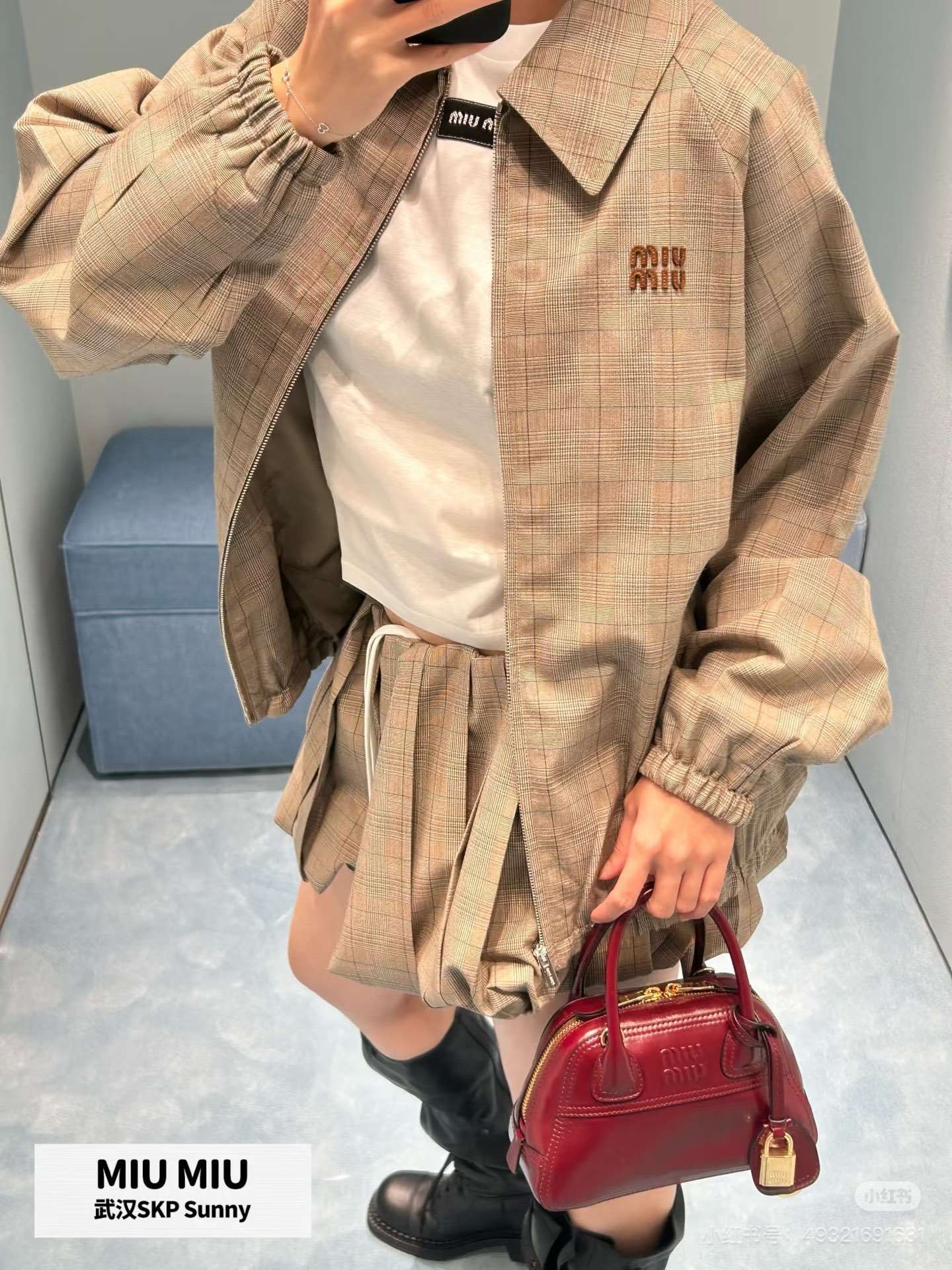 미우미우(MIU MIU) 체크 드로스트링 집업 재킷 상의 의류