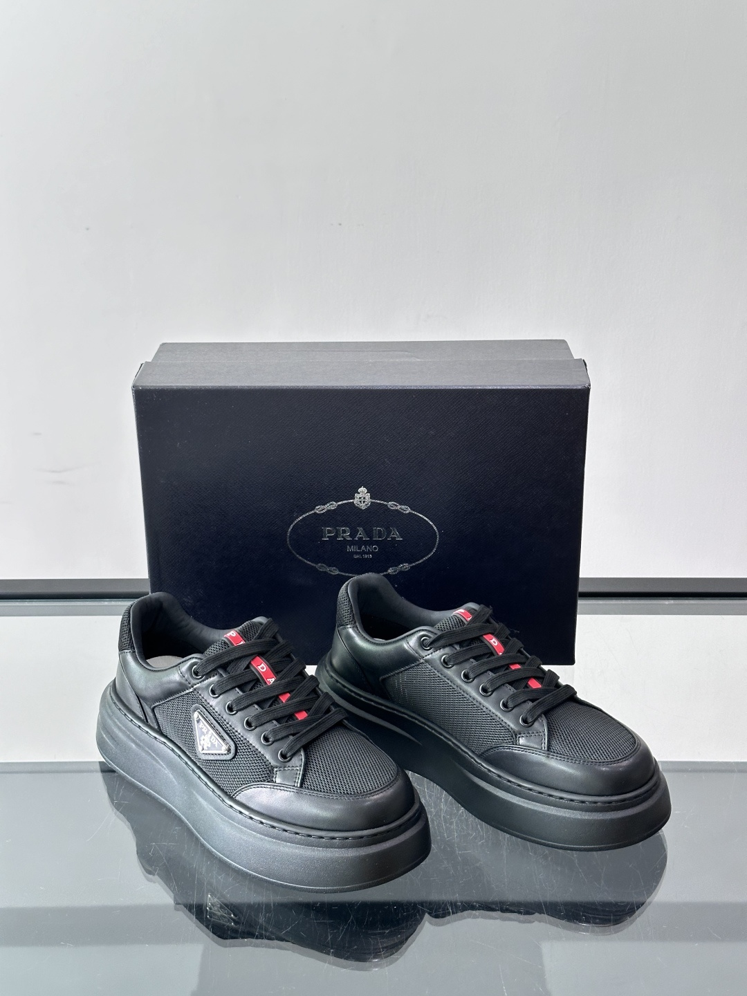 [Prada] 프라다 투톤 믹스 레더 & 메쉬 스니커즈 신발