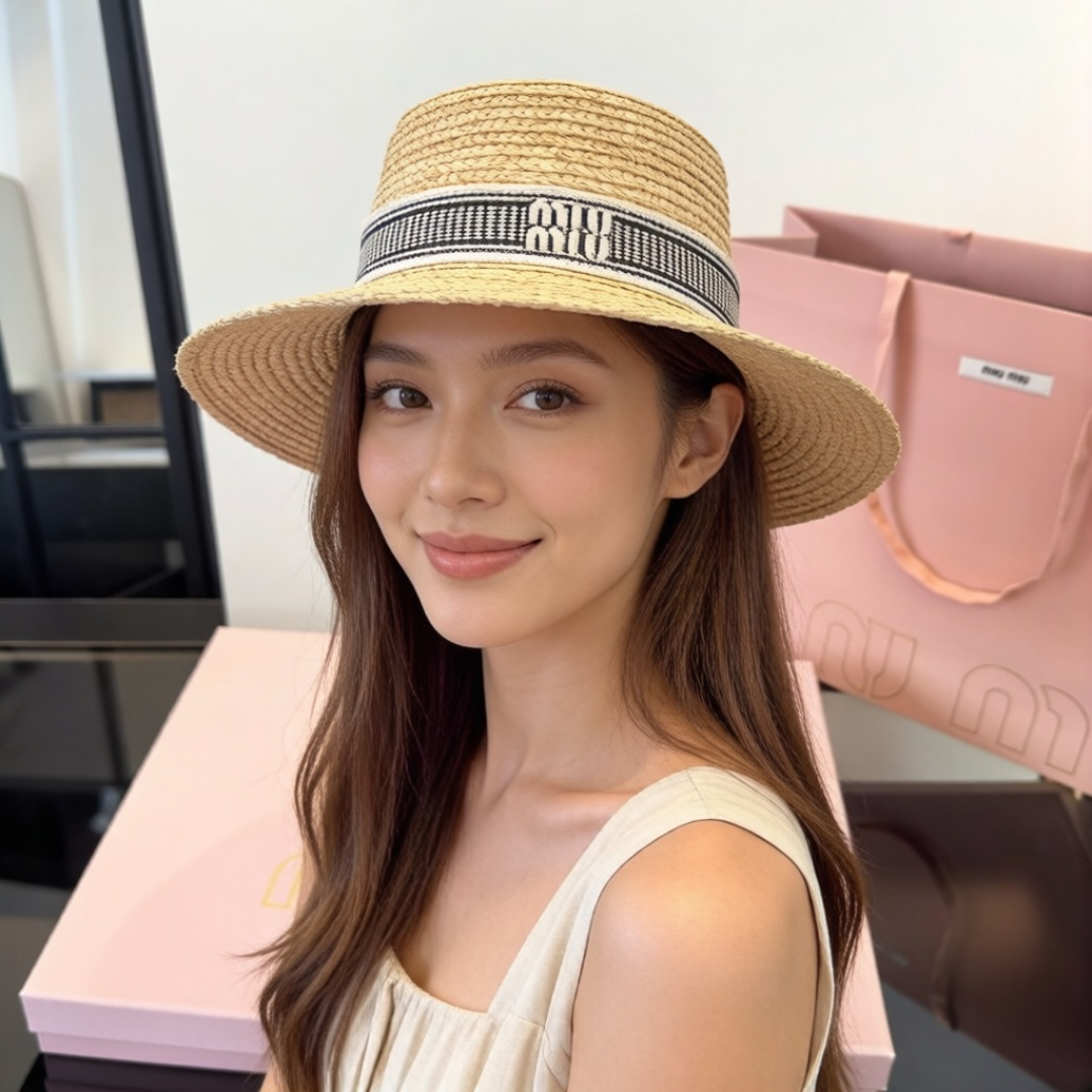 미우미우(MIU MIU) 플랫 라피아 모자