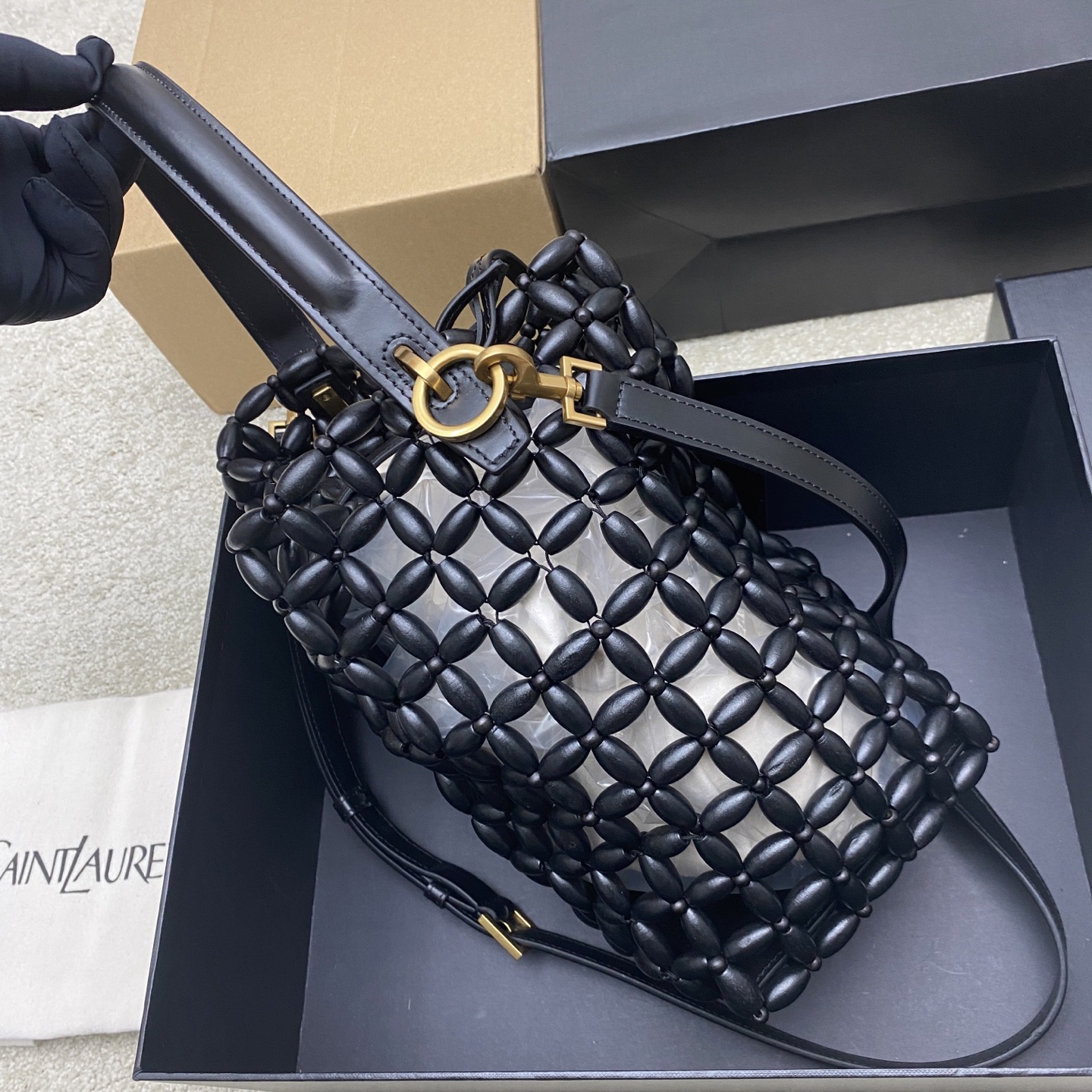 Saint Laurent YSL 생로랑 우드 비즈 위브 버킷백 가방 / 749036