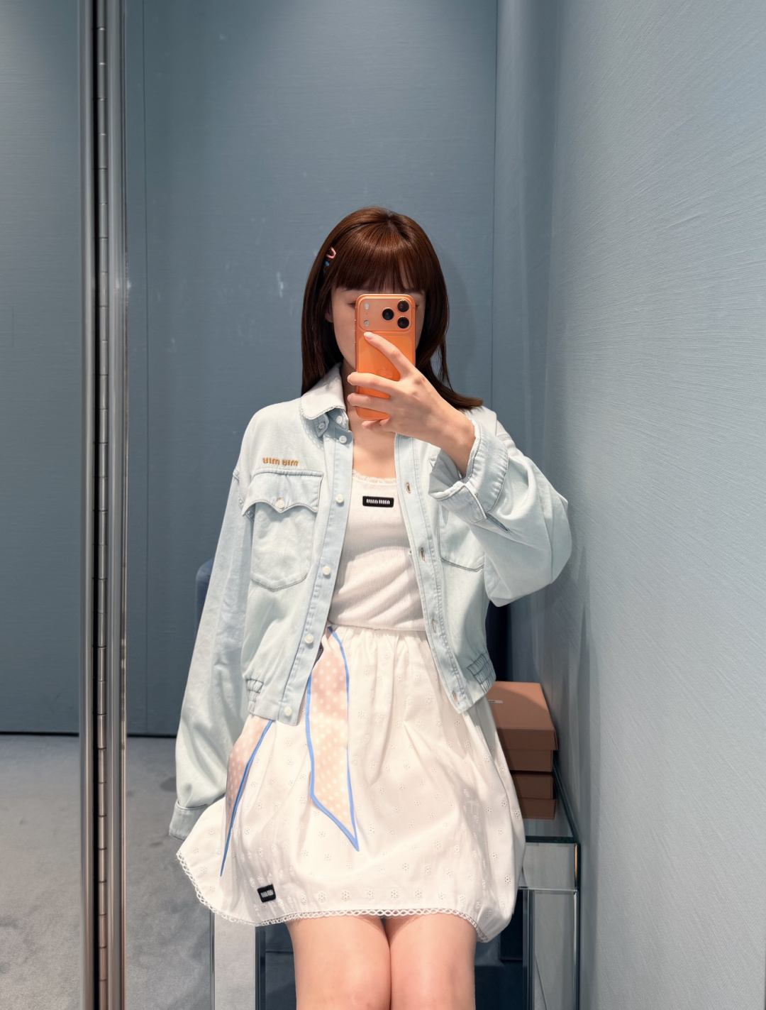 미우미우(MIUMIU) 탈부착 레이스 칼라 데님 재킷 상의 의류