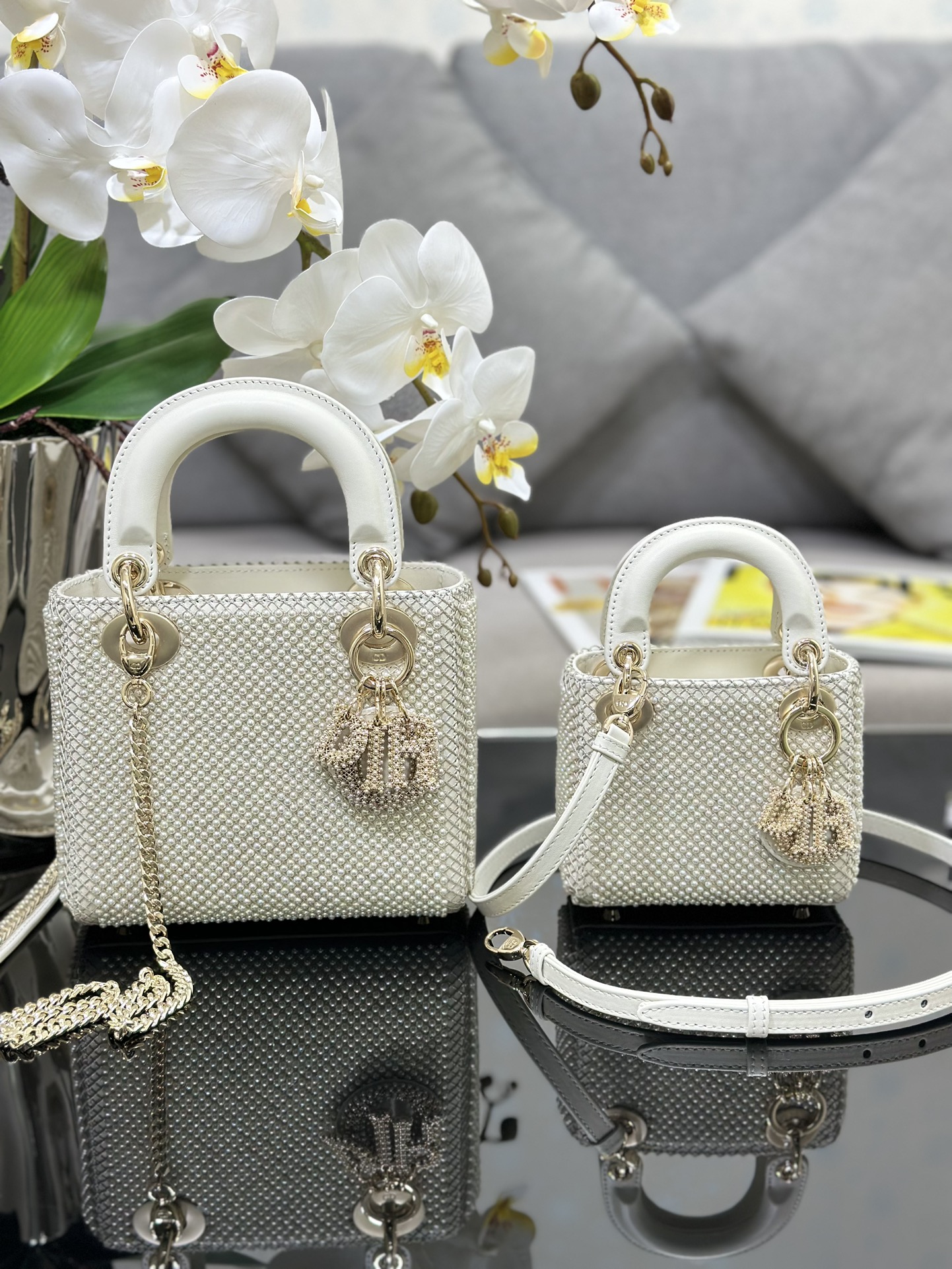 [Lady Dior] 디올 레이디 디올 미니 3구 자수 진주 백 (밀크 화이트) 가방