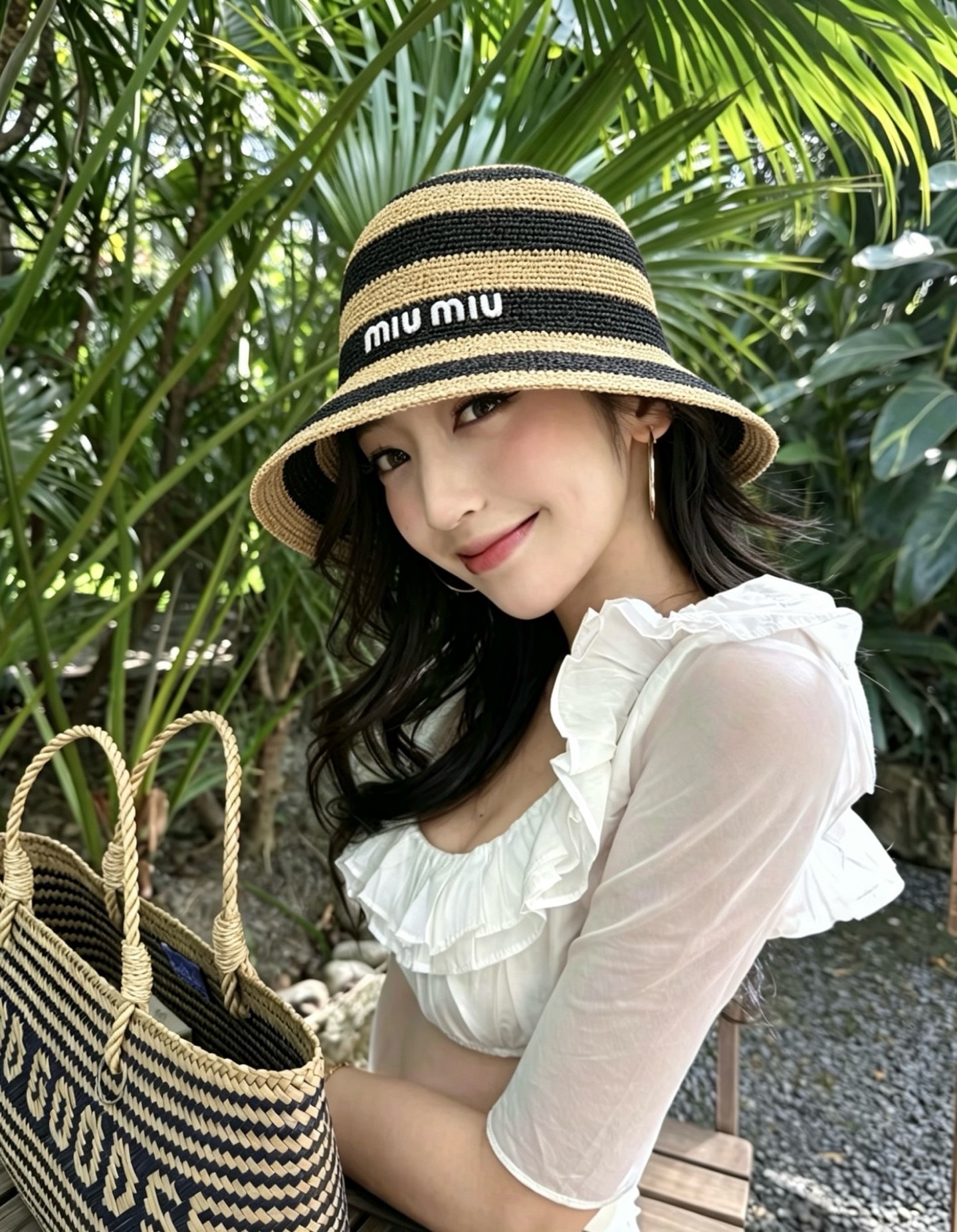 미우미우(MIU MIU) 라피아 배색 버킷햇 모자