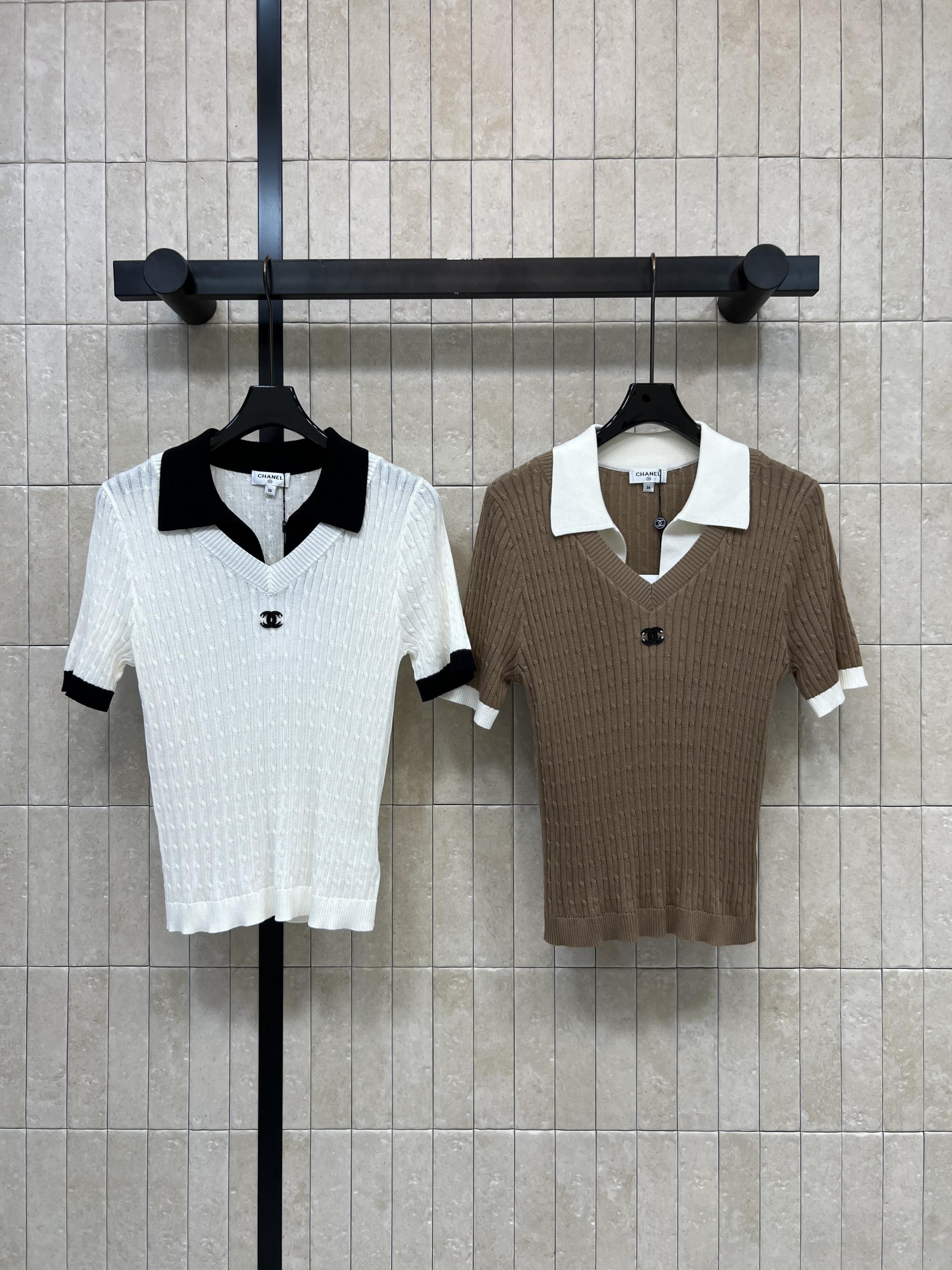 [Chanel] 샤넬 26SS 배색 브이넥 니트 반팔 티셔츠 의류