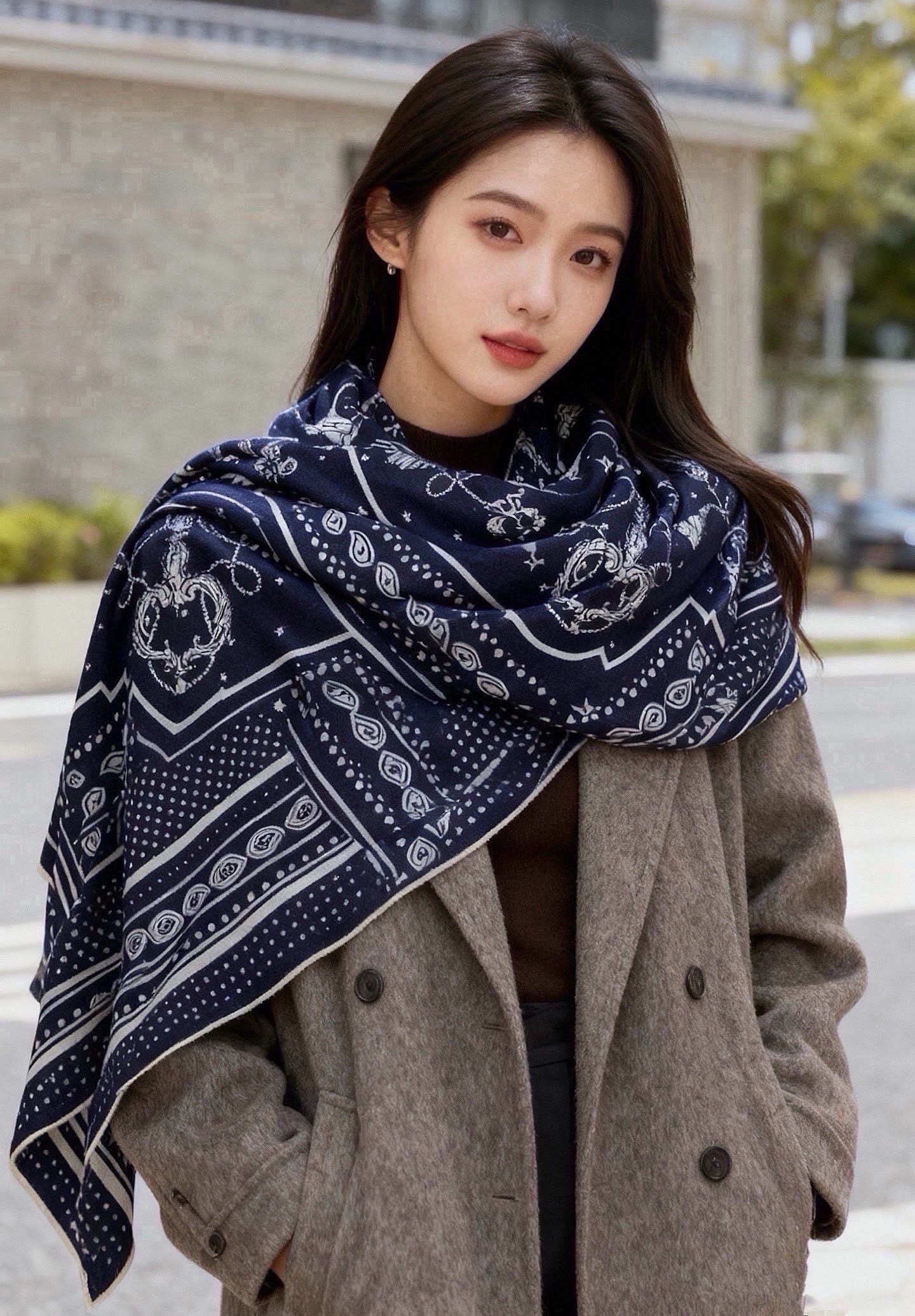 에르메스(HERMES) 그래픽 패턴 캐시미어 실크 숄 목도리 스카프