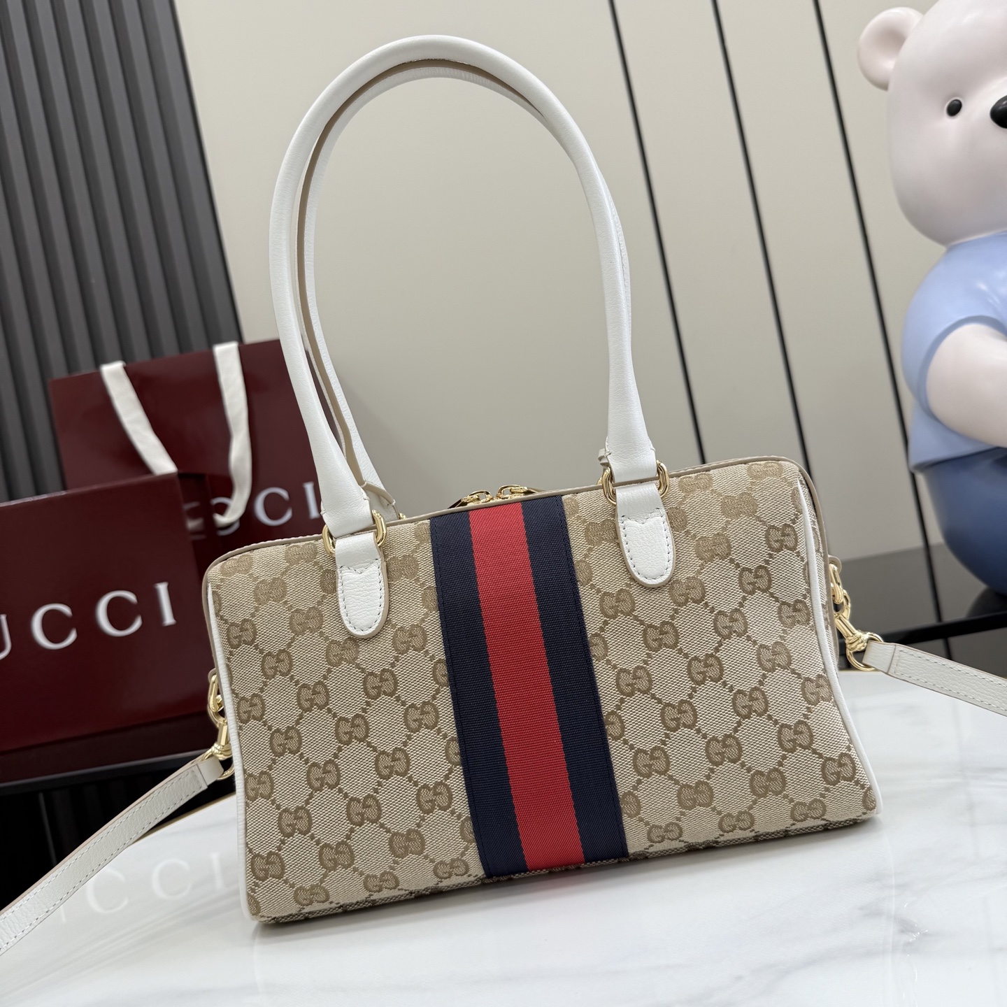 GUCCI 구찌 Gucci NY 컬렉션 보르세토(Borsetto) 캔버스 핸드백 - 화이트/샌드 가방