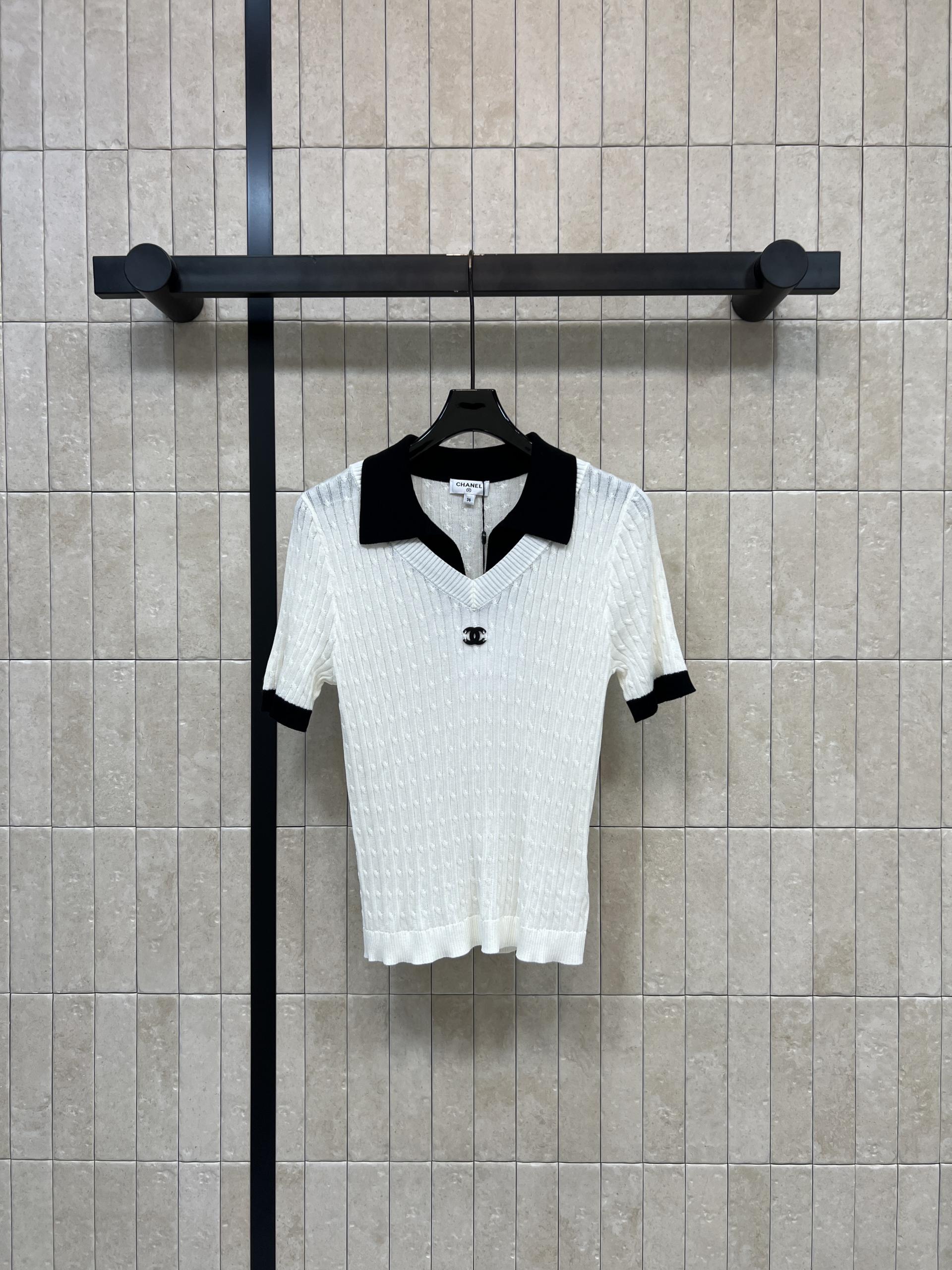 [Chanel] 샤넬 26SS 배색 브이넥 니트 반팔 티셔츠 의류