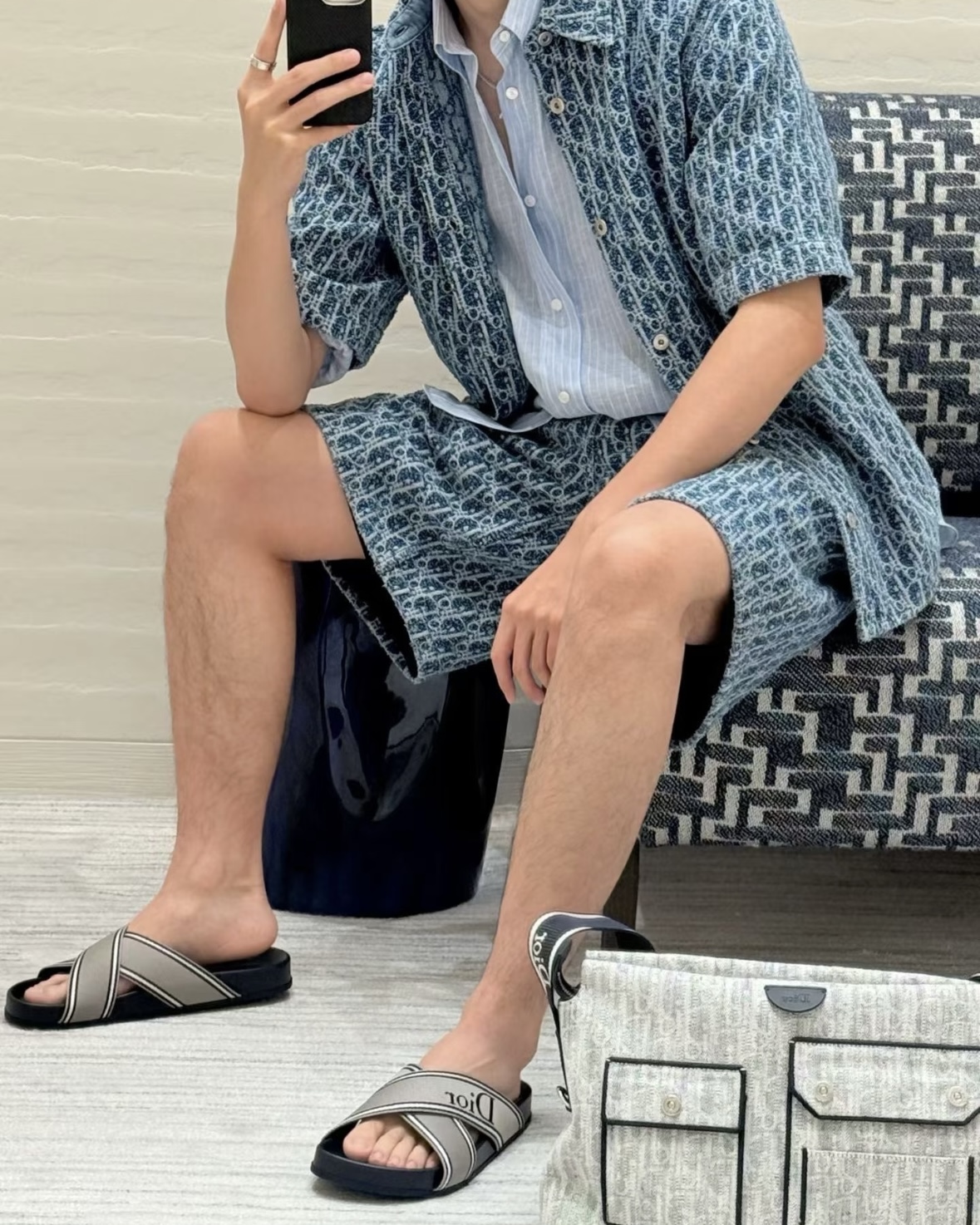 디올(DIOR) 오블리크 자카드 데님 반팔 셔츠 상의 의류