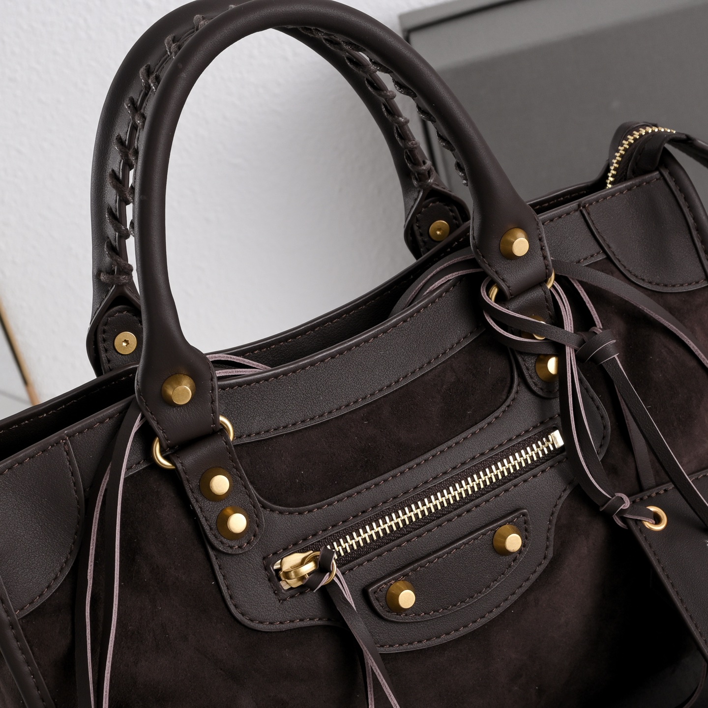BALENCIAGA 발렌시아가 Le City 르 시티 스웨이드 컴비네이션 카프스킨 모터사이클 백 (스몰 / 브라운) 가방