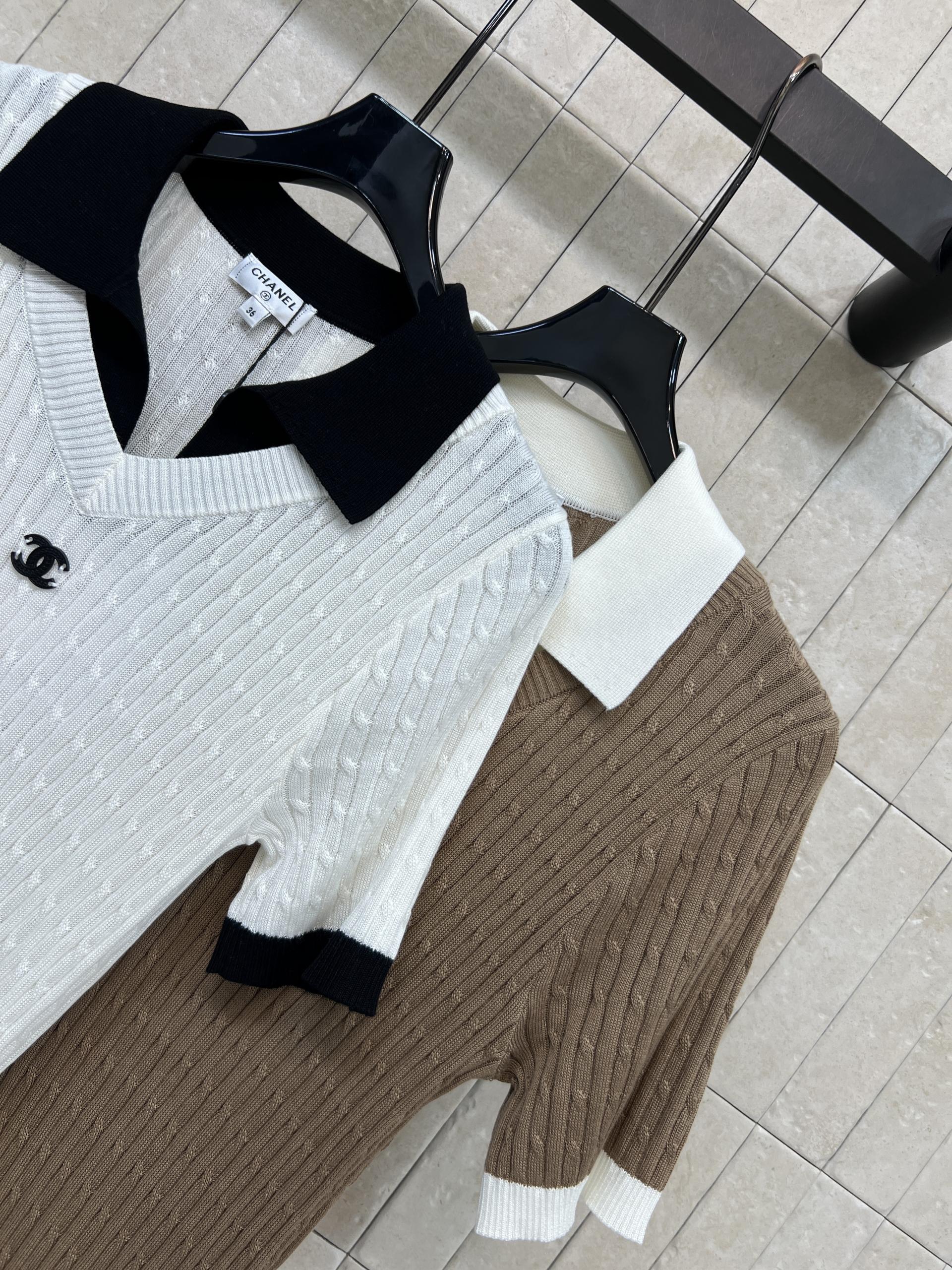 [Chanel] 샤넬 26SS 배색 브이넥 니트 반팔 티셔츠 의류