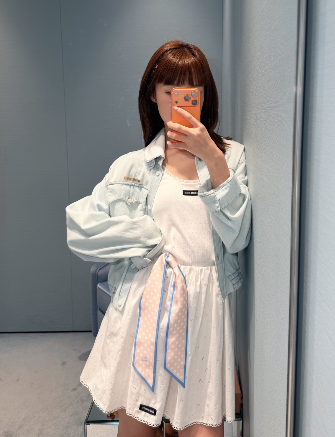 미우미우(MIUMIU) 탈부착 레이스 칼라 데님 재킷 상의 의류