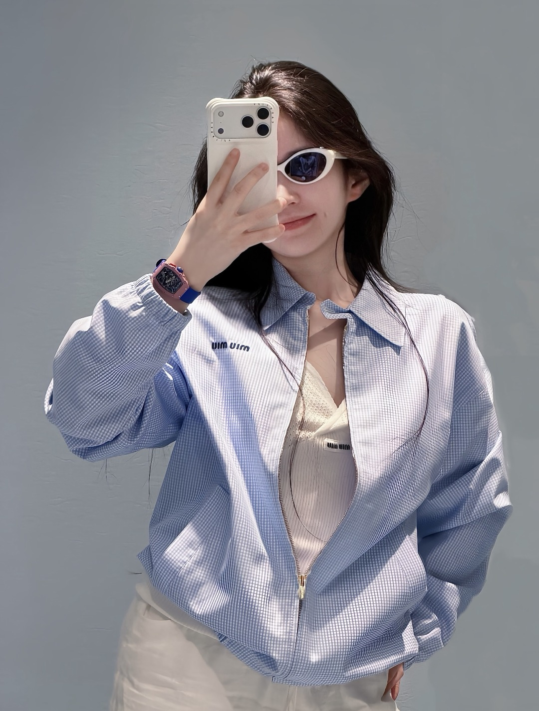 미우미우(MIU MIU) 로고 자수 체크 집업 자켓 재킷 의류