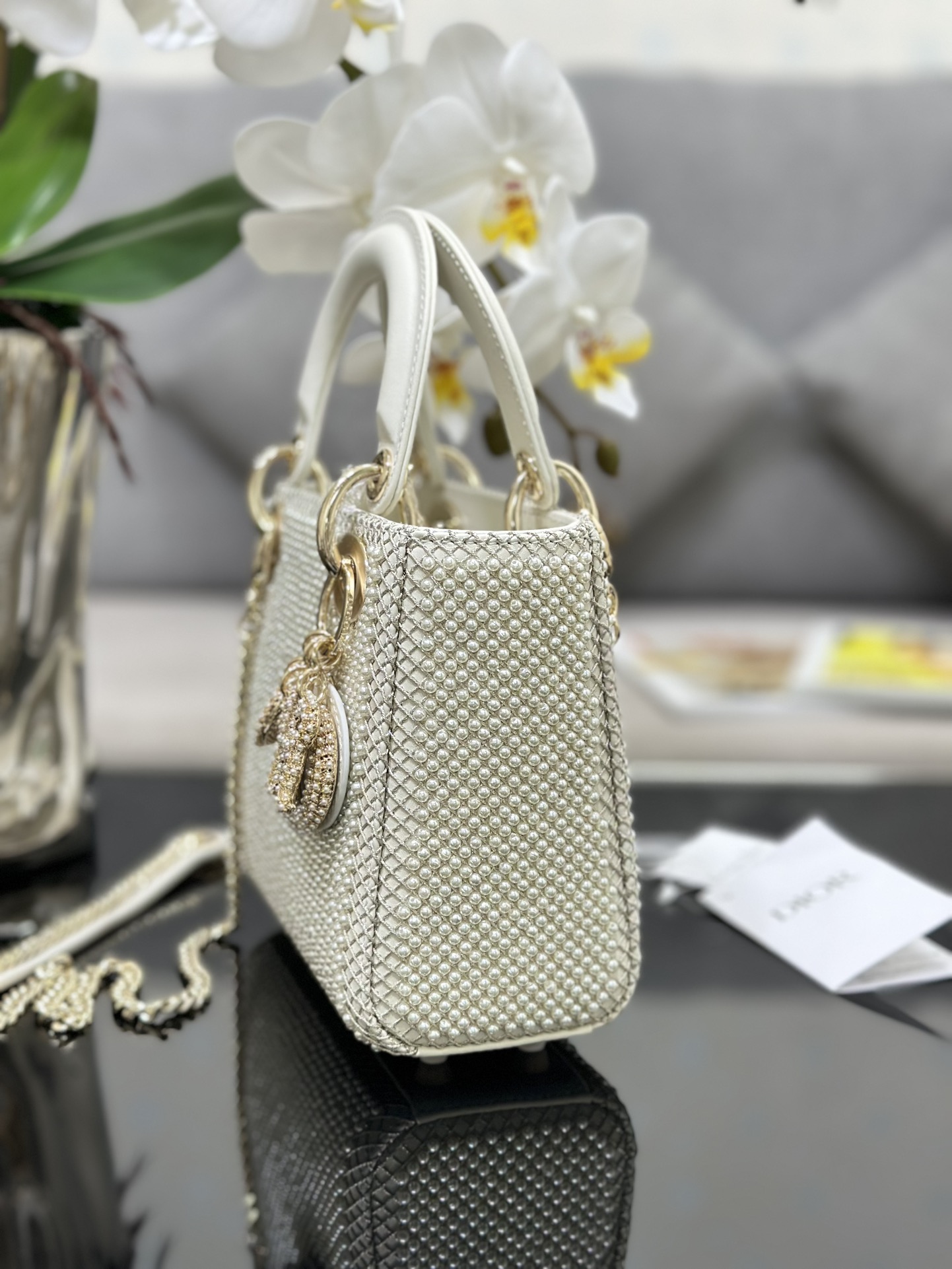 [Lady Dior] 디올 레이디 디올 미니 3구 자수 진주 백 (밀크 화이트) 가방