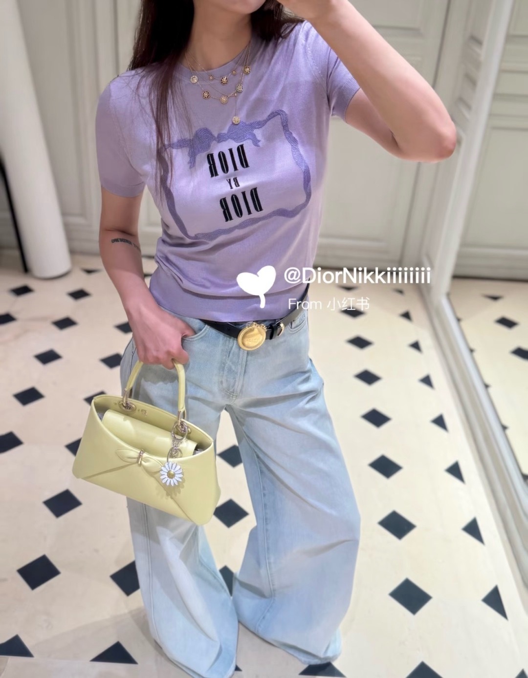 디올(DIOR) 레터링 레이스 자수 라운드넥 반팔 니트 상의 의류