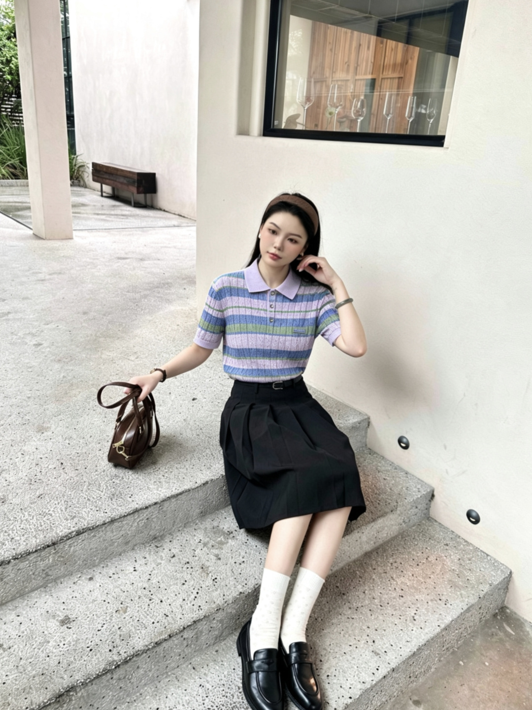 루이비통(LV) 파스텔 스트라이프 케이블 니트 반팔 폴로 상의 의류