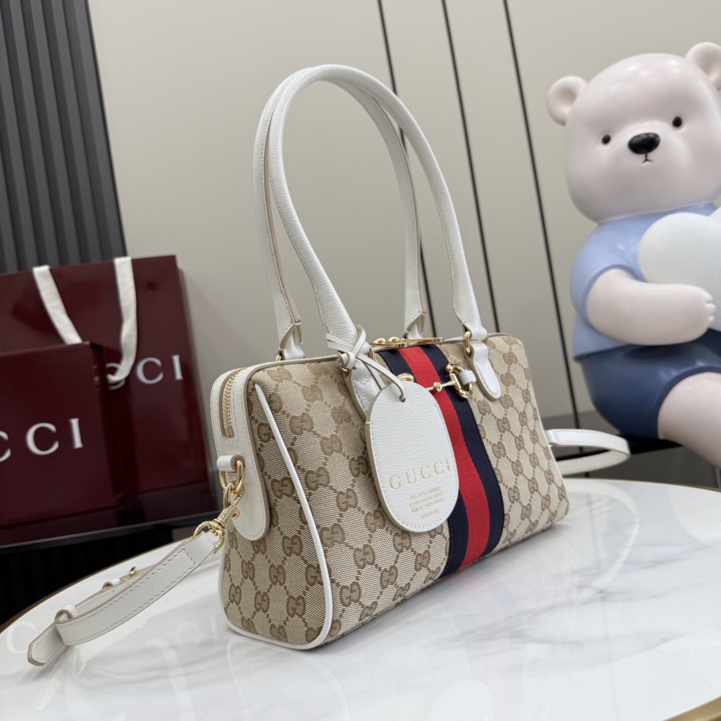GUCCI 구찌 Gucci NY 컬렉션 보르세토(Borsetto) 캔버스 핸드백 - 화이트/샌드 가방