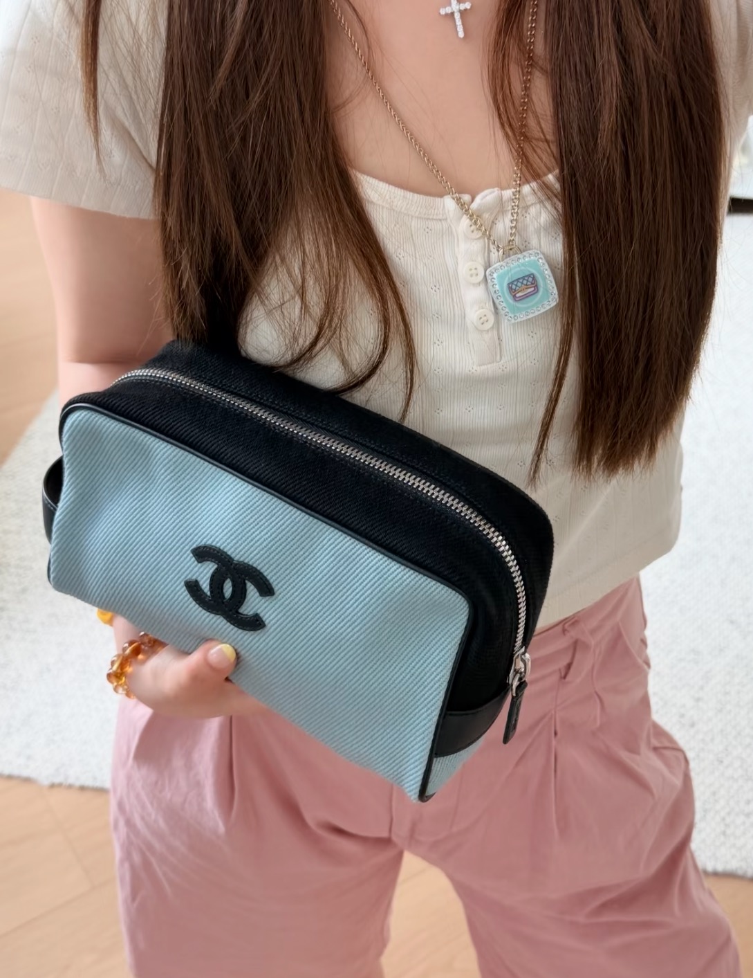 [Chanel] 샤넬 26M Coco Beach 코코 비치 캔버스 코스메틱 파우치 백 가방