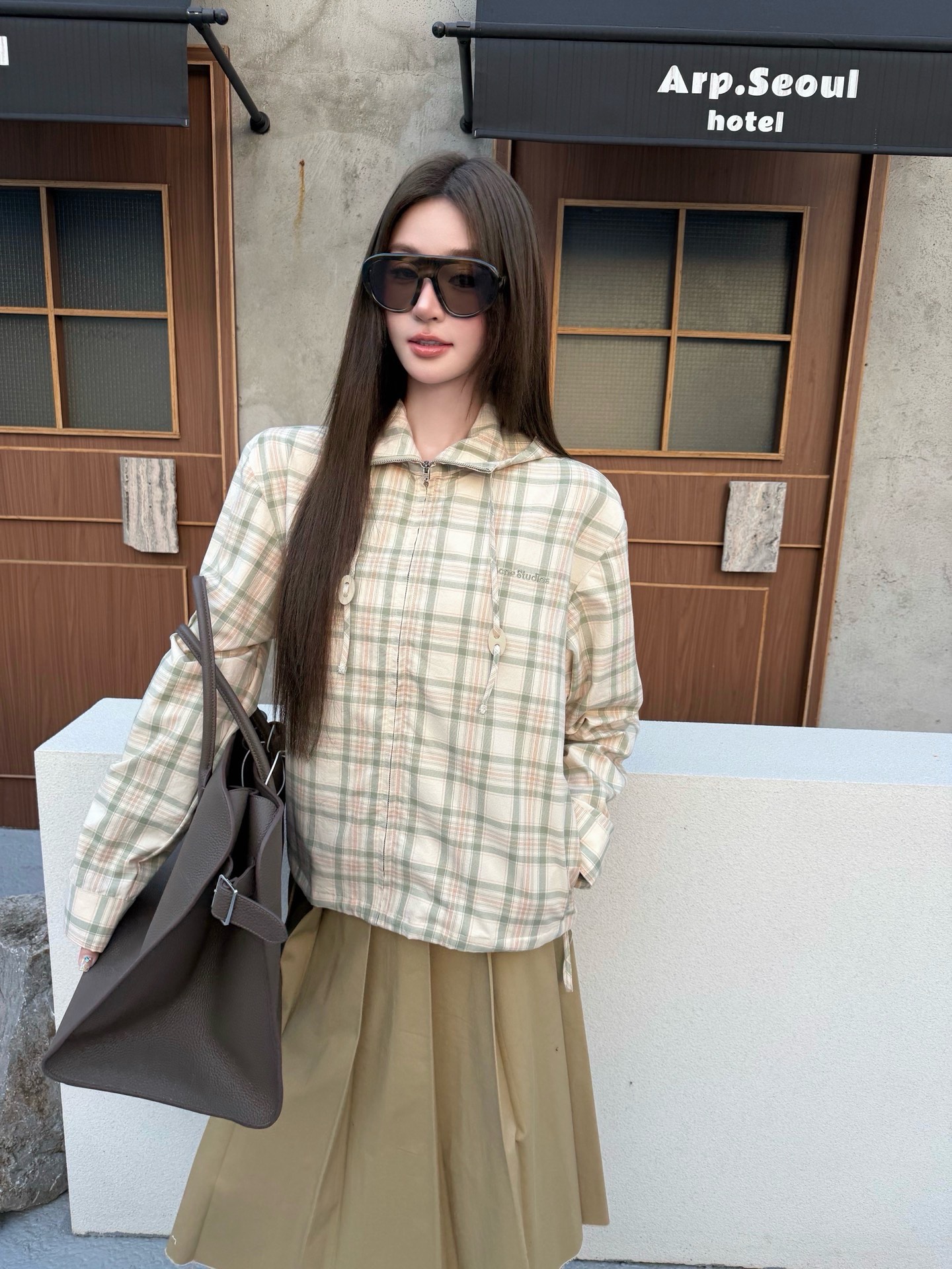 아크네(Acne studios) 로고 자수 체크 후드 재킷 상의 의류