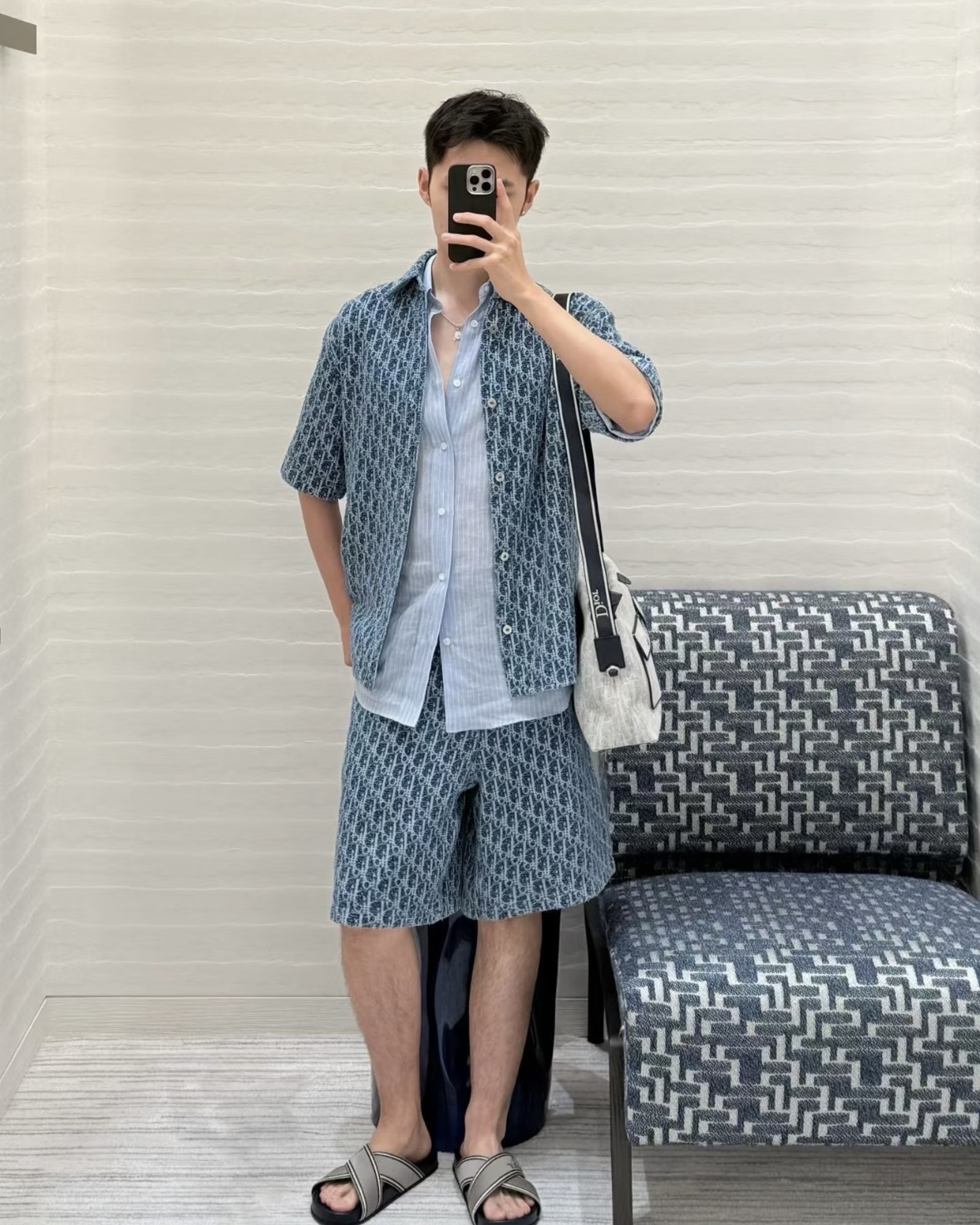 디올(DIOR) 오블리크 자카드 데님 반팔 셔츠 상의 의류