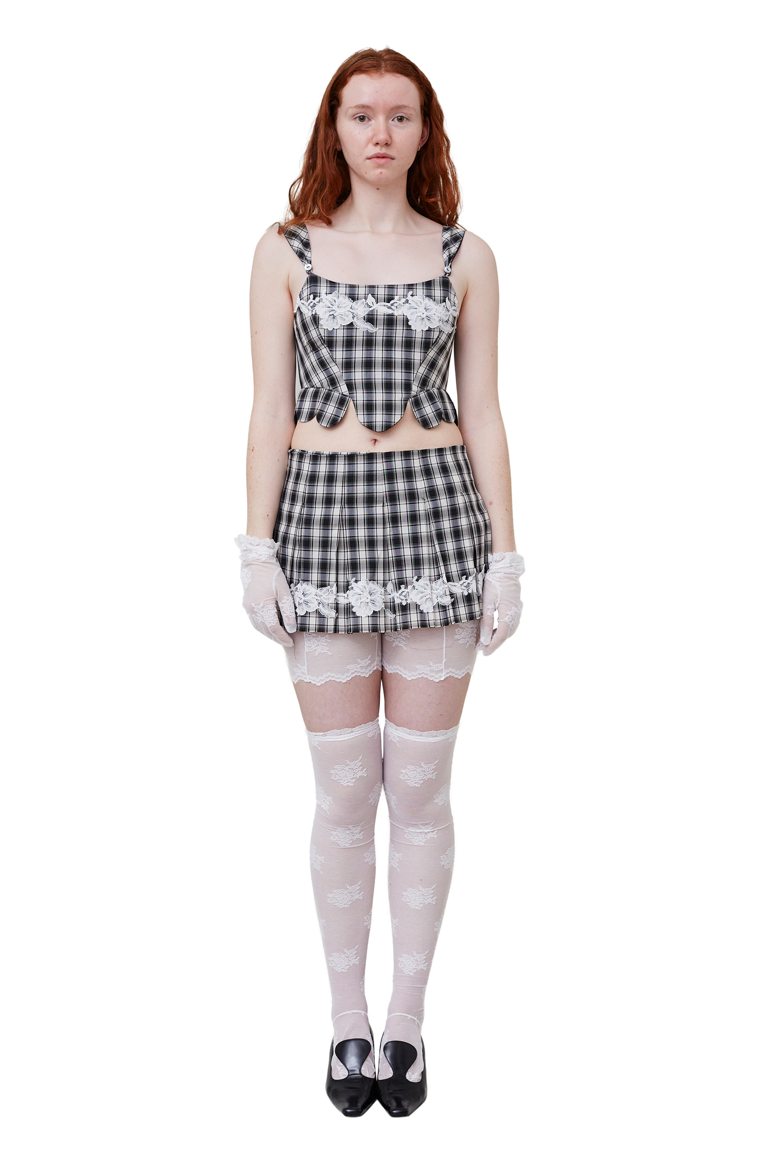 Check Corset With Floral Appliqué
