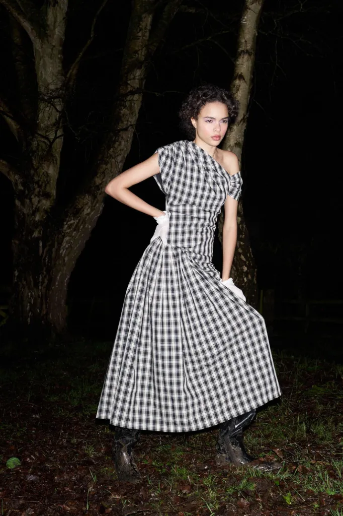 Asymmetric Check Draped Dress
