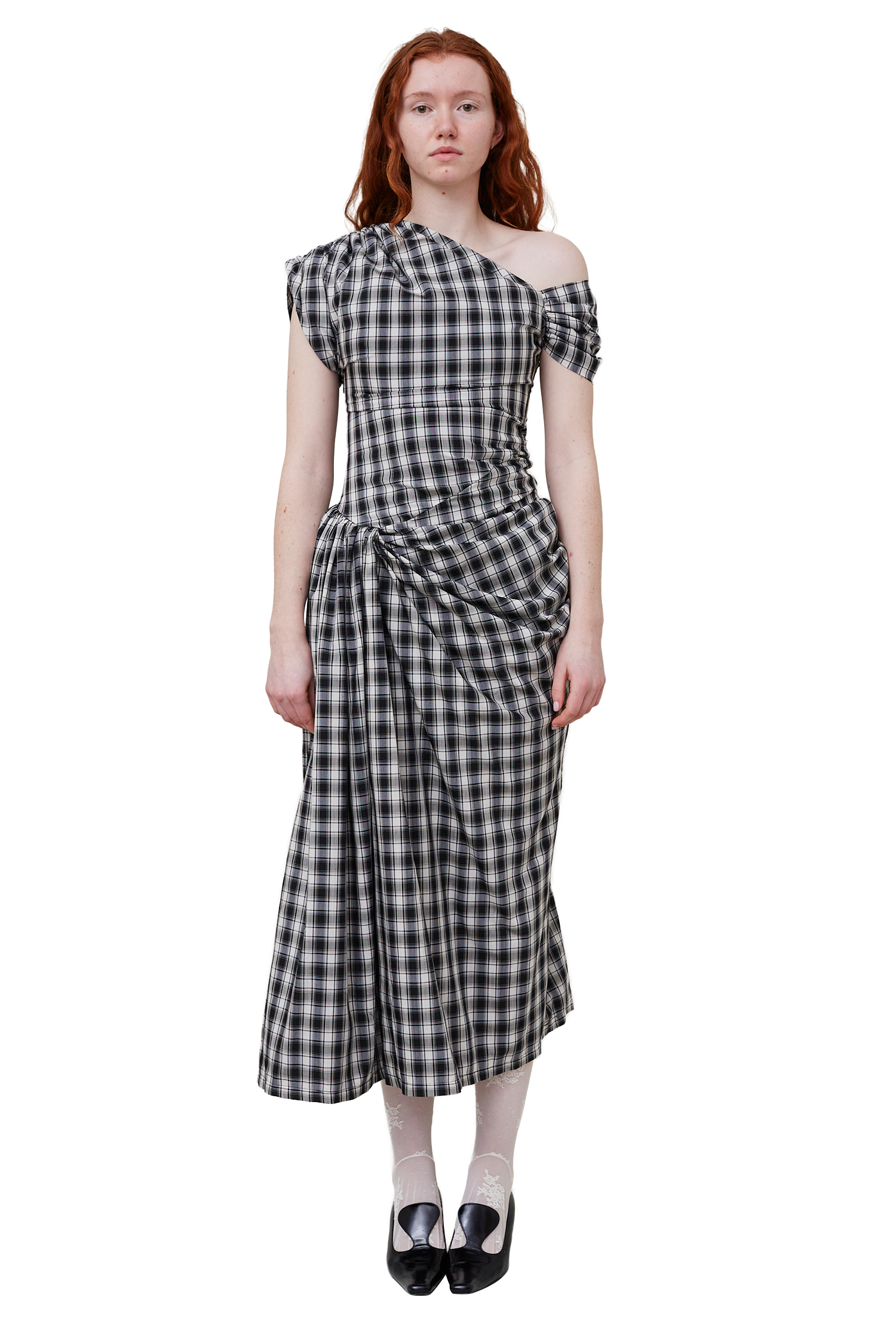 Asymmetric Check Draped Dress