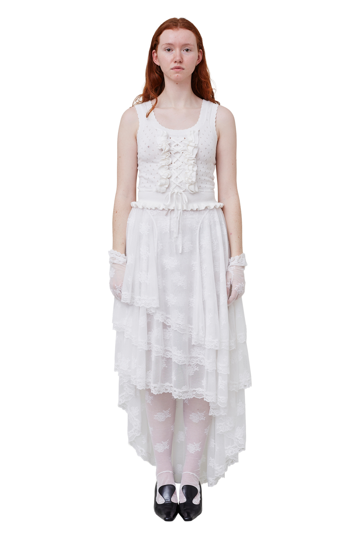 Ruffled Lace-Up Pointelle Knit Top