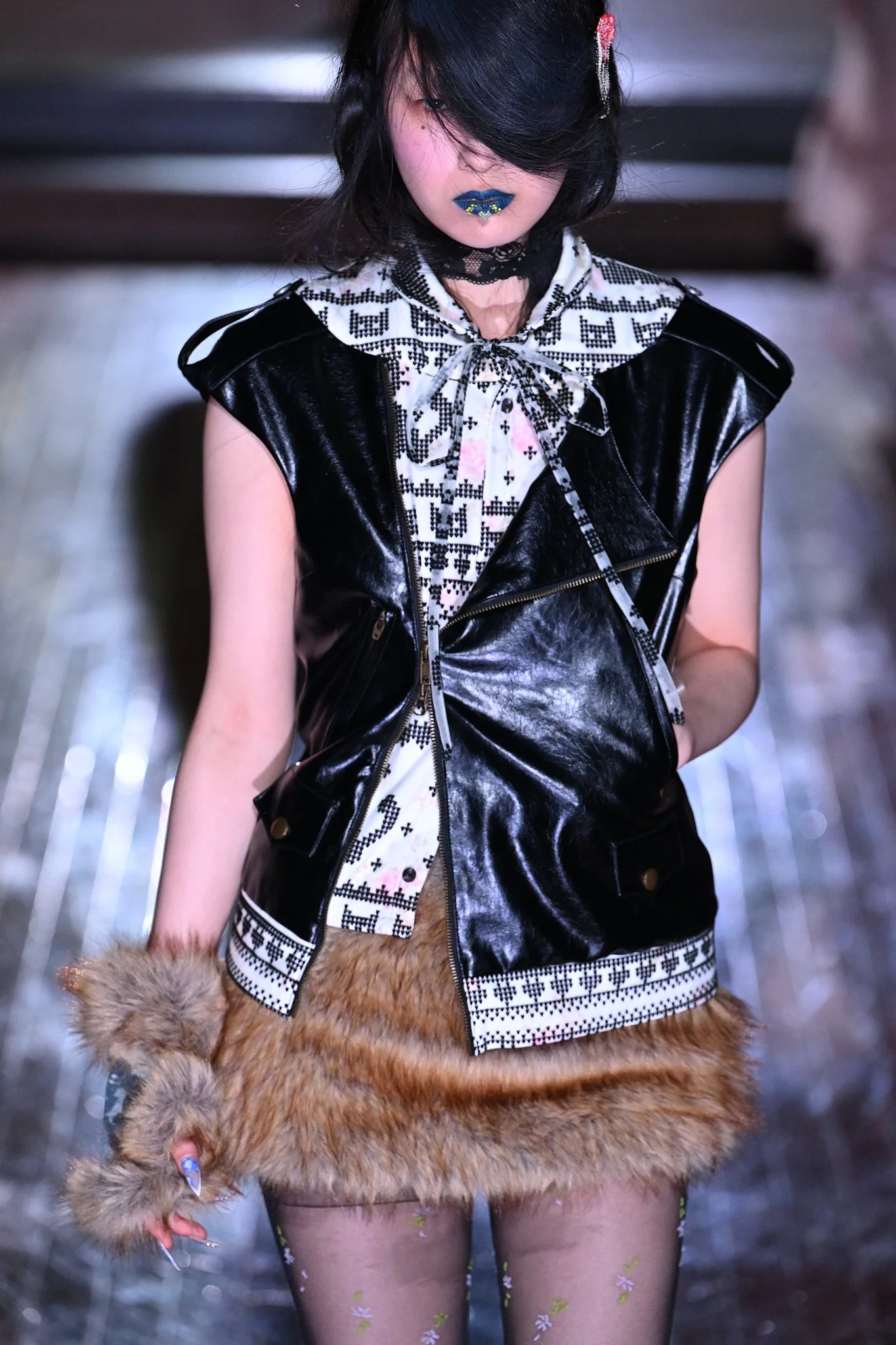 Sky Rosa Jacquard Fur Wrist Warmers