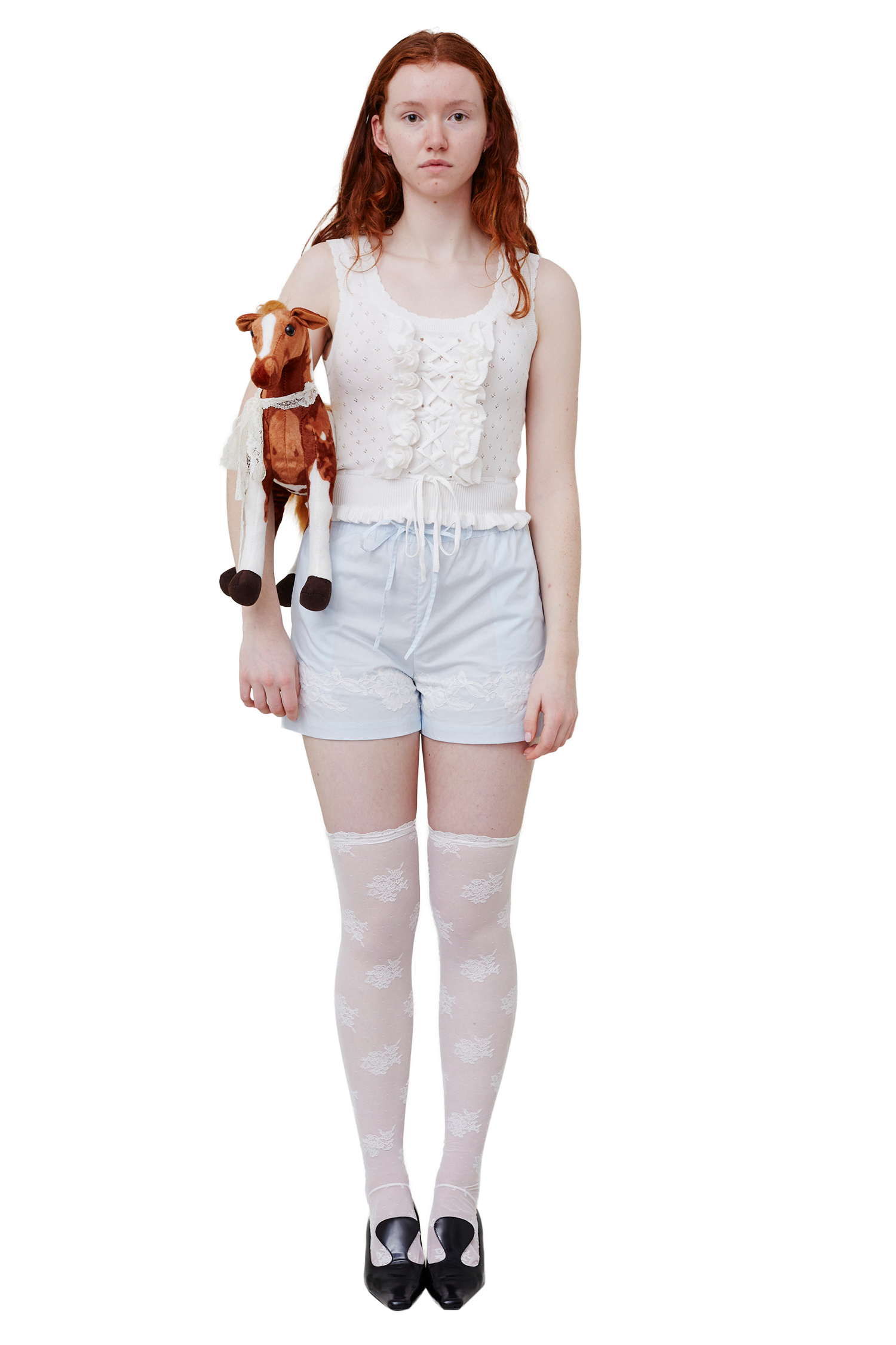 Ruffled Lace-Up Pointelle Knit Top