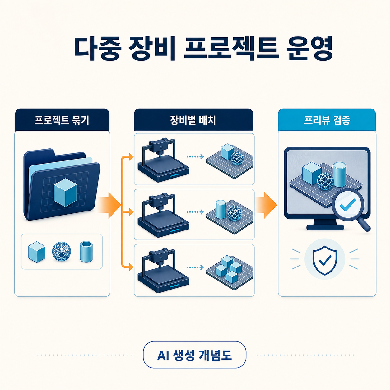 프로젝트 묶기, 장비별 배치, 프리뷰 검증의 세 단계로 구성된 다중 장비 프로젝트 운영 개념도