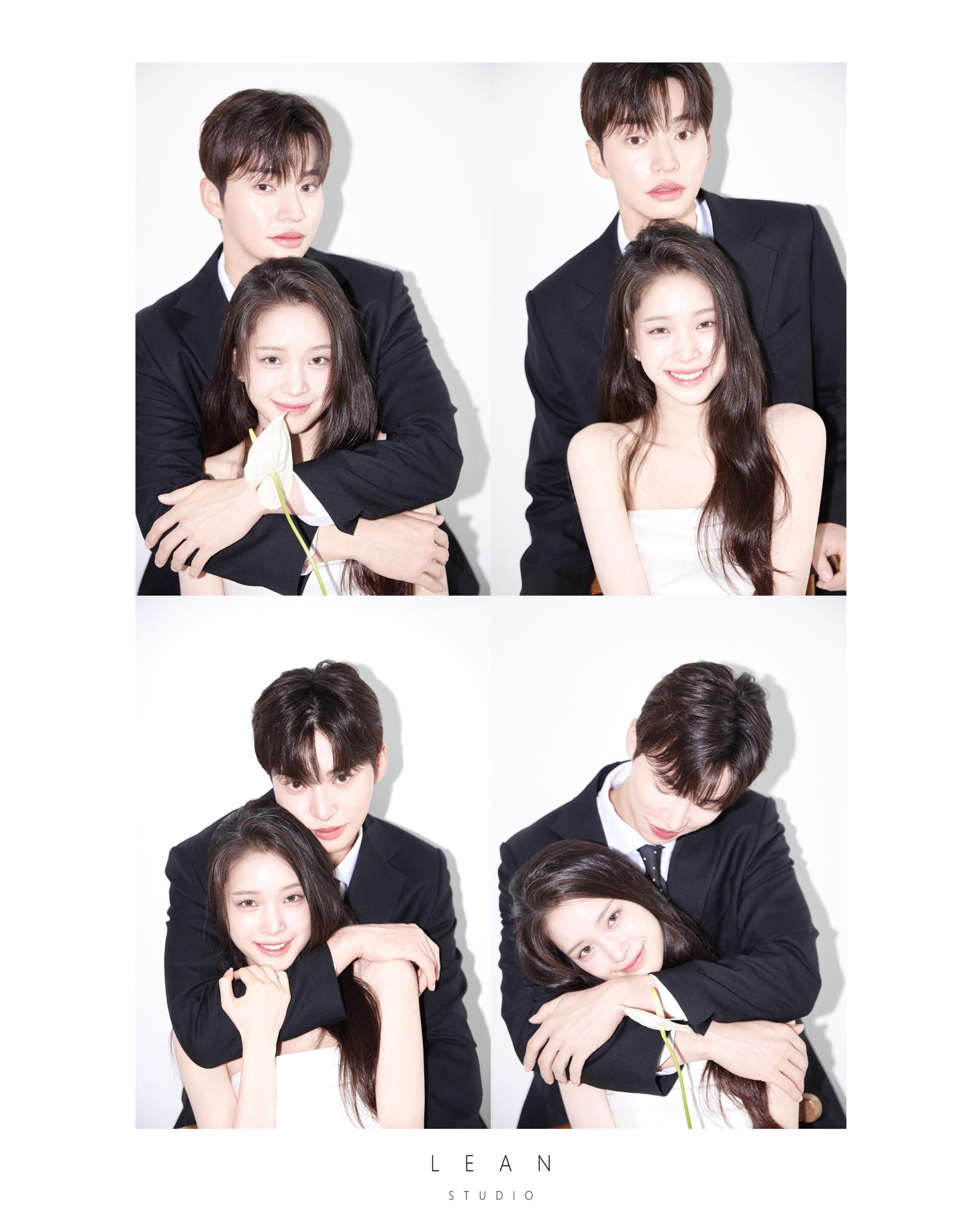 르안 웨딩 스튜디오 블랙 수트 신랑과 화이트 웨딩드레스 신부가 서로 기대고 안으며 다양한 포즈를 취한 모습을 4분할 구성으로 담은 플래시 웨딩 촬영컷