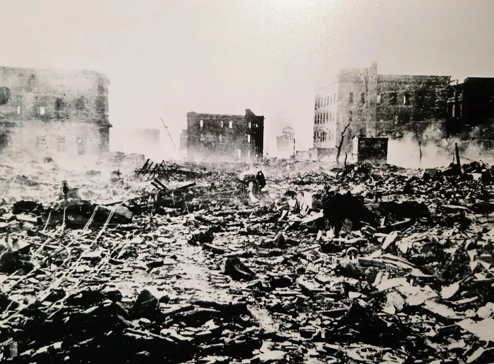 Hiroshima, Japan, after the US dropped an atomic bomb on the city on Aug. 6, 1945. (courtesy Korea Atomic Bombs Victim Association)