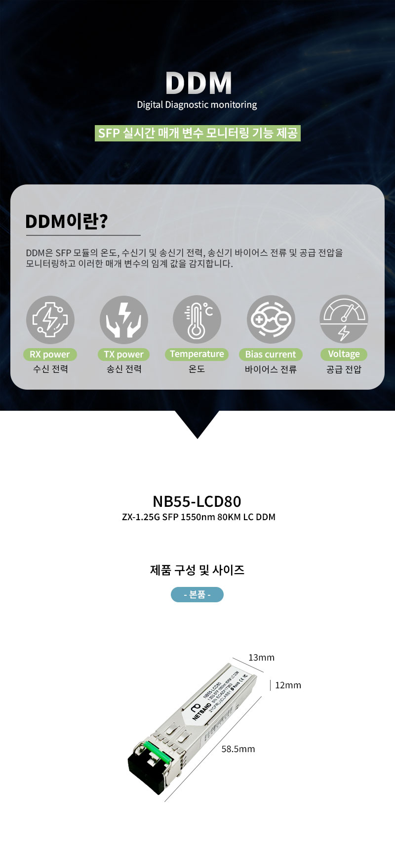 Cisco 호환 ZX SFP 모듈, 1550nm 파장, 최대 80km 전송, LC 커넥터, DDM 기능 포함