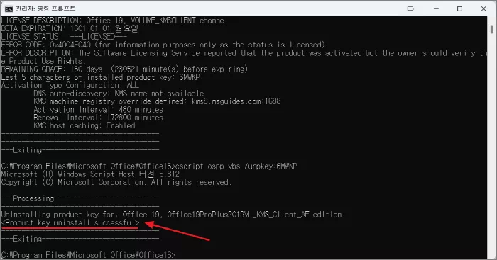 라이선스 키 삭제 성공