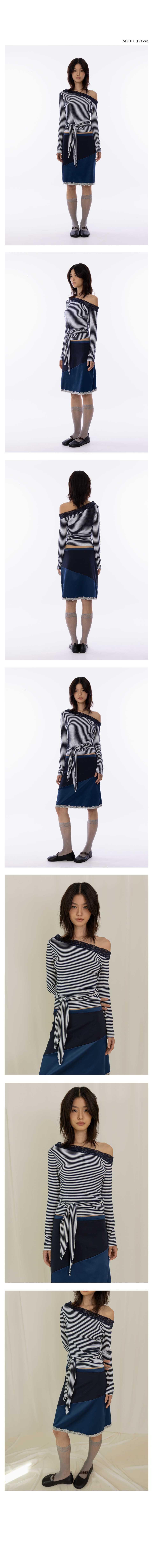 Lace Off-shoulder Tie Top - Navy Stripe