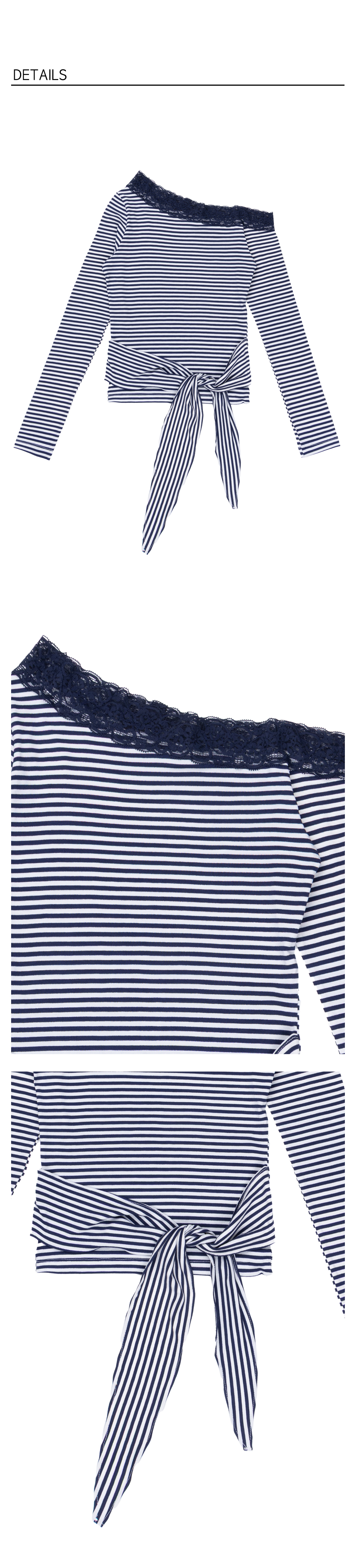 Lace Off-shoulder Tie Top - Navy Stripe