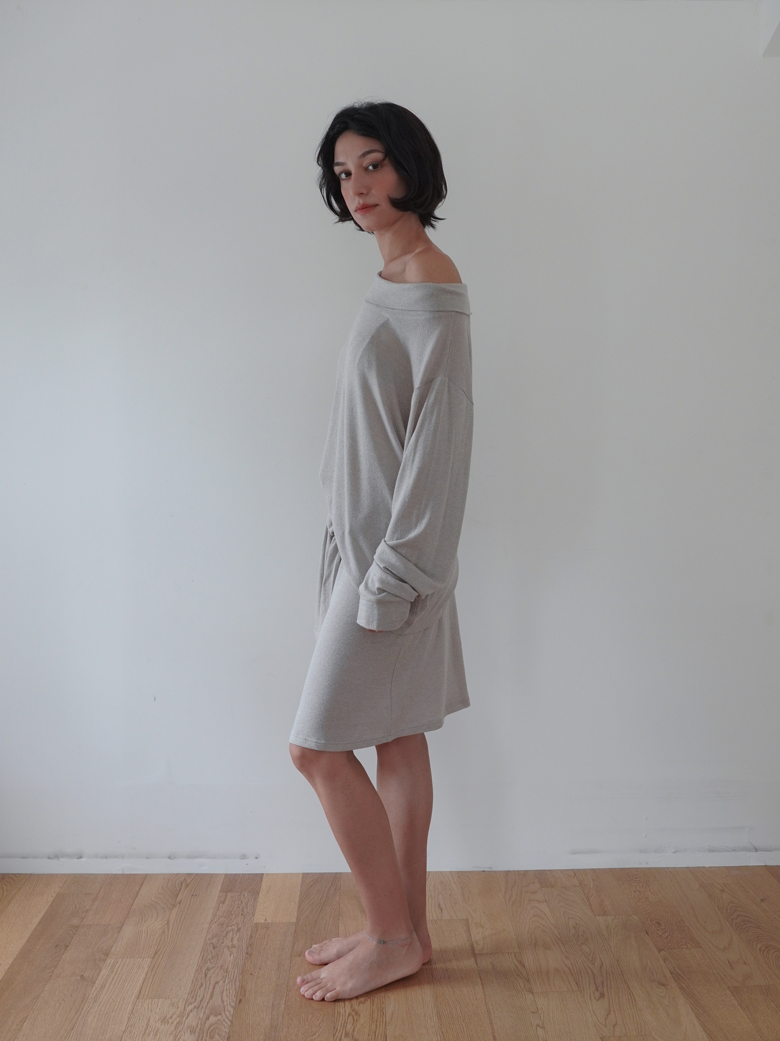 Off-Shoulder Wool Blend Long Sleeve - light grey