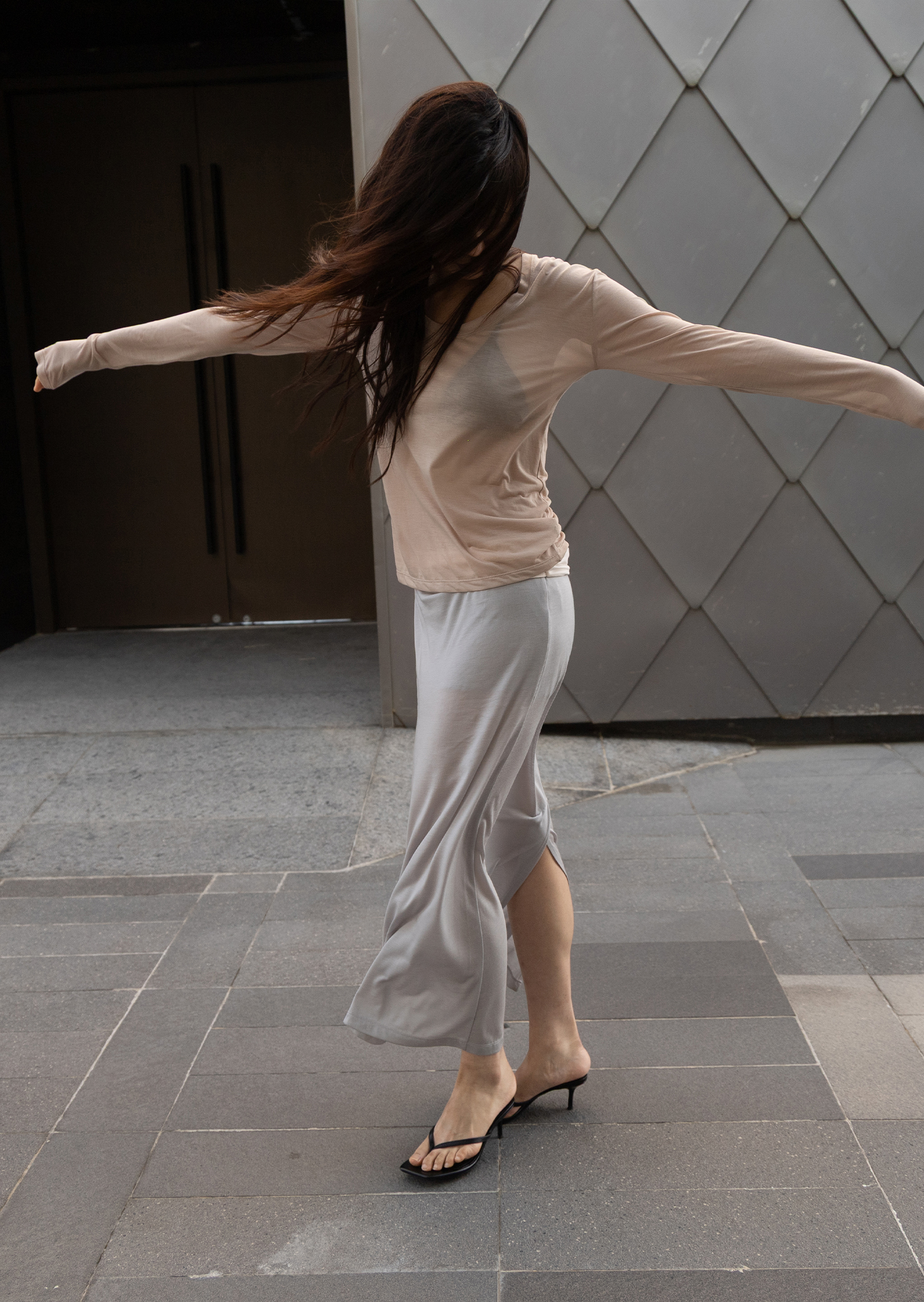 (Summer) Straight Long Skirt - silver/ivory